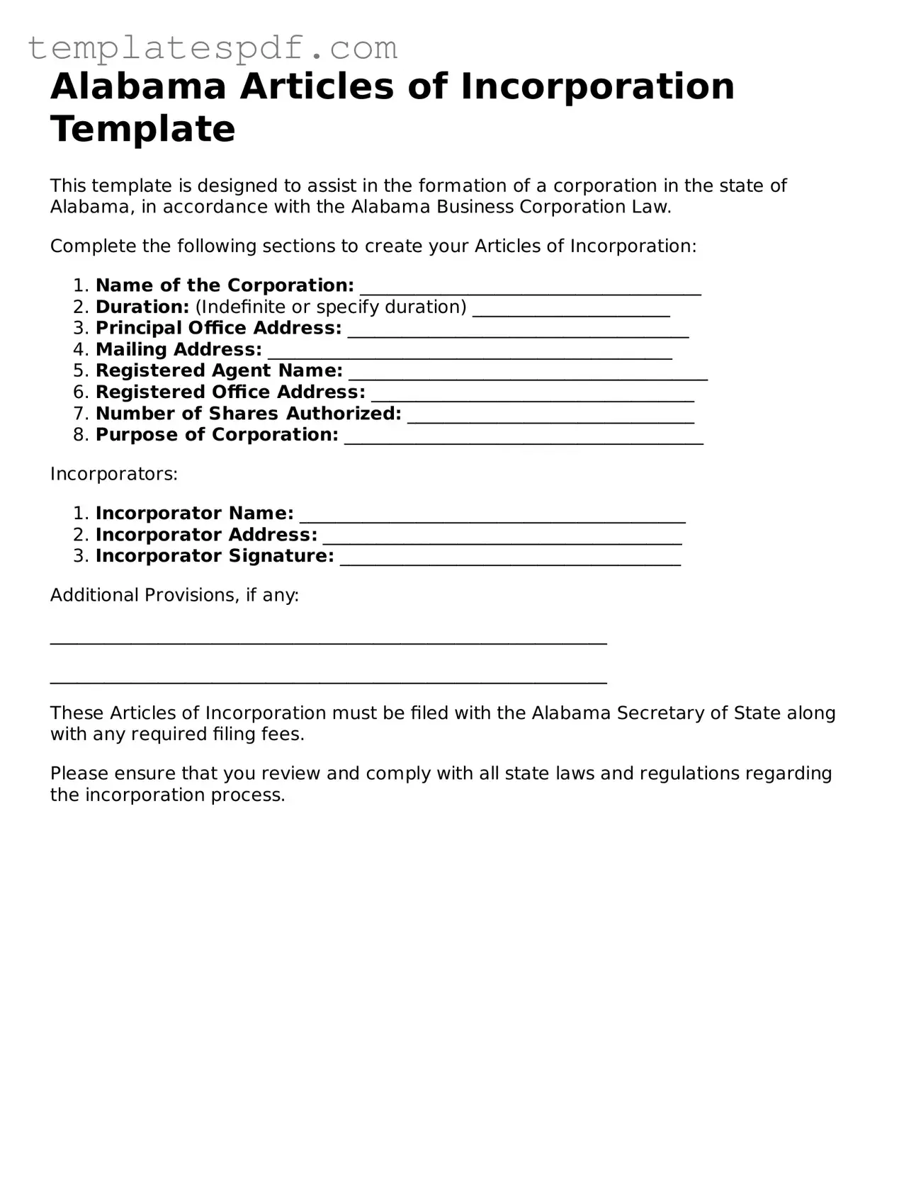 Official  Articles of Incorporation Form for Alabama