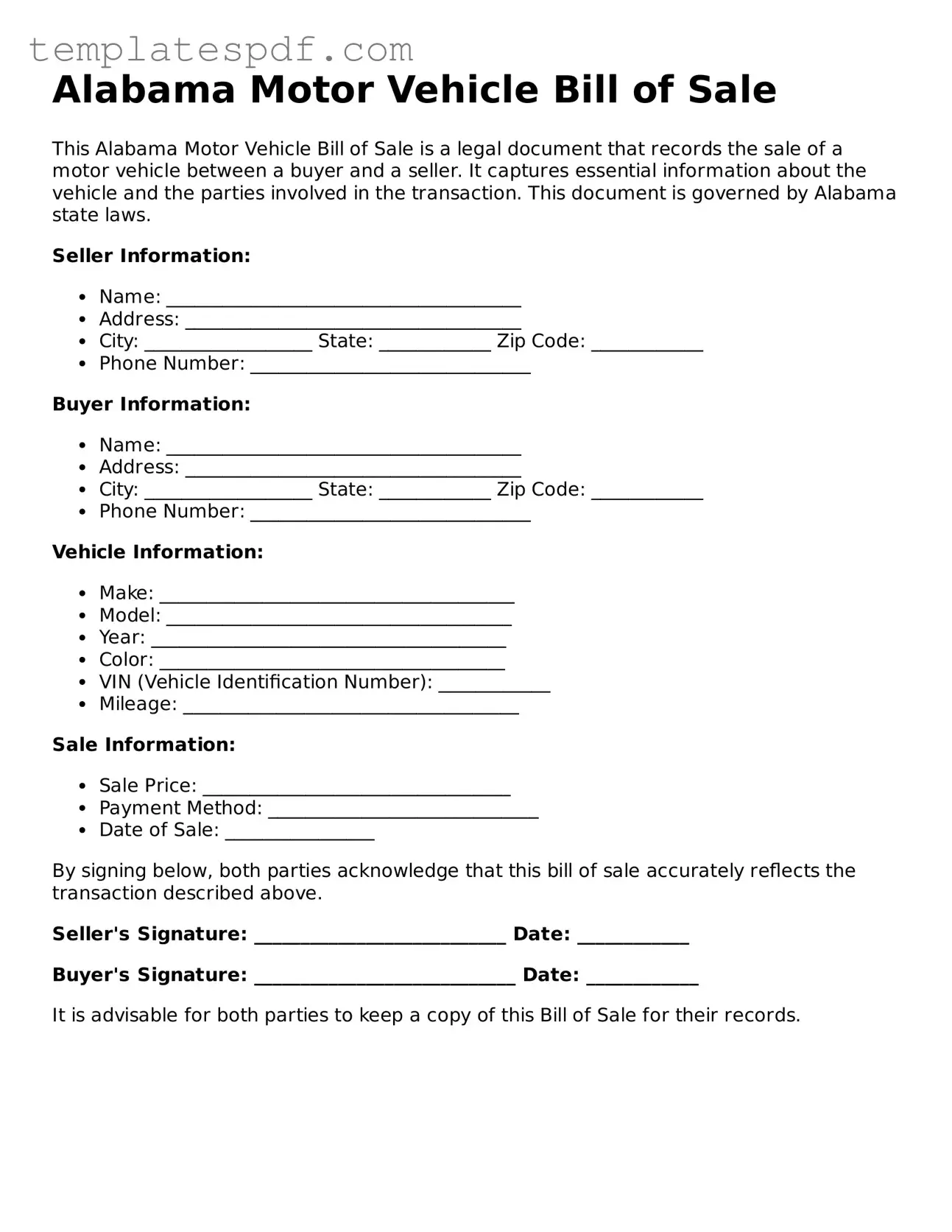 Official  Motor Vehicle Bill of Sale Form for Alabama
