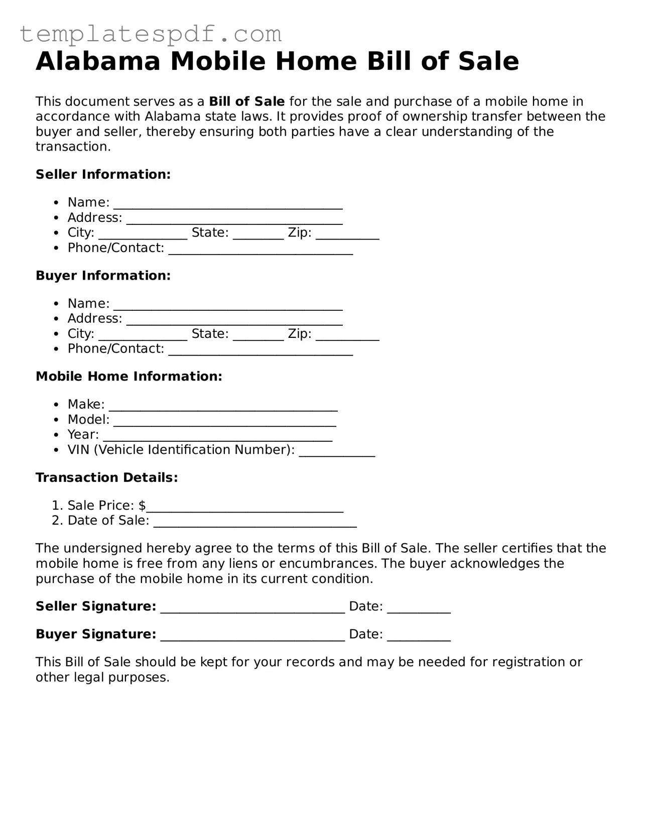 Official  Mobile Home Bill of Sale Form for Alabama