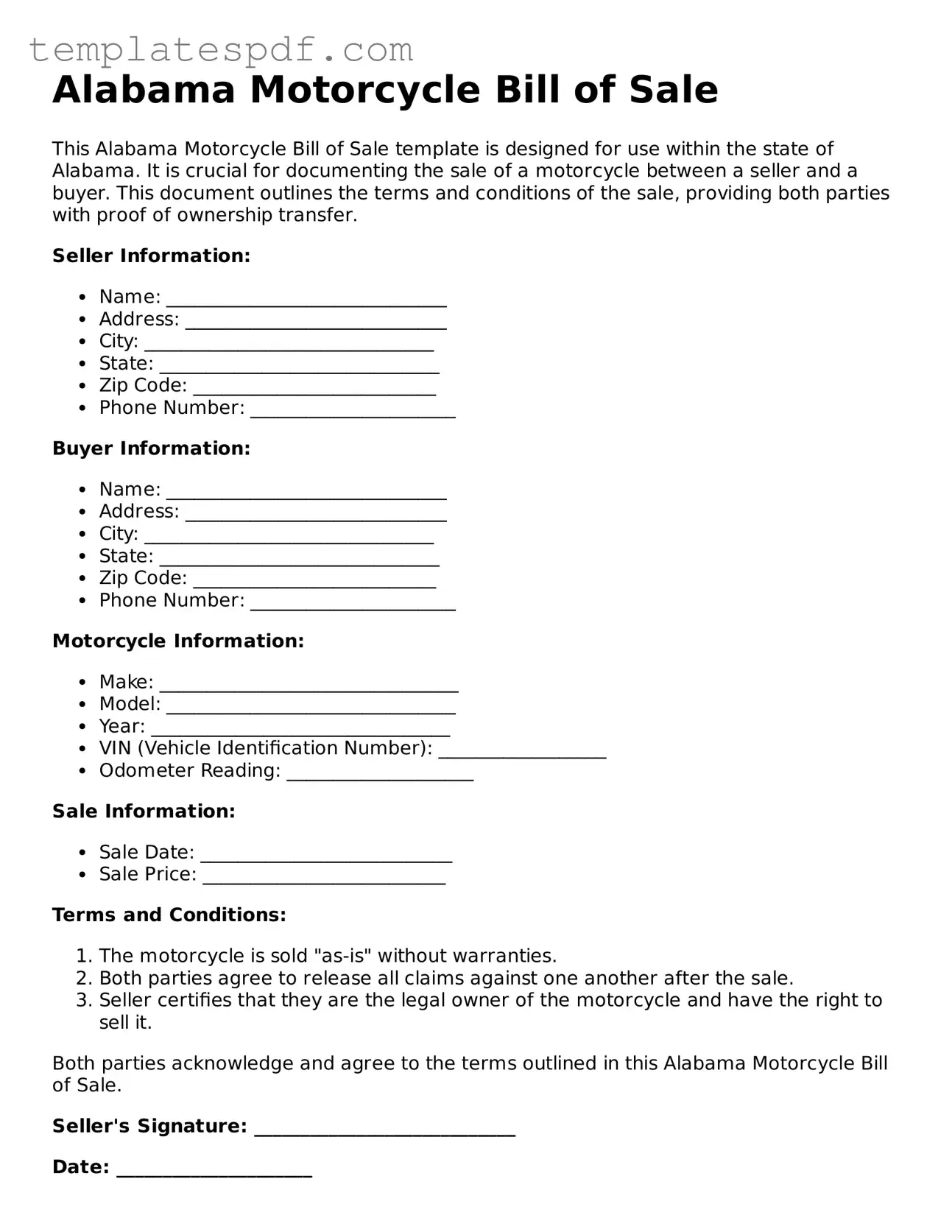 Official  Motorcycle Bill of Sale Form for Alabama