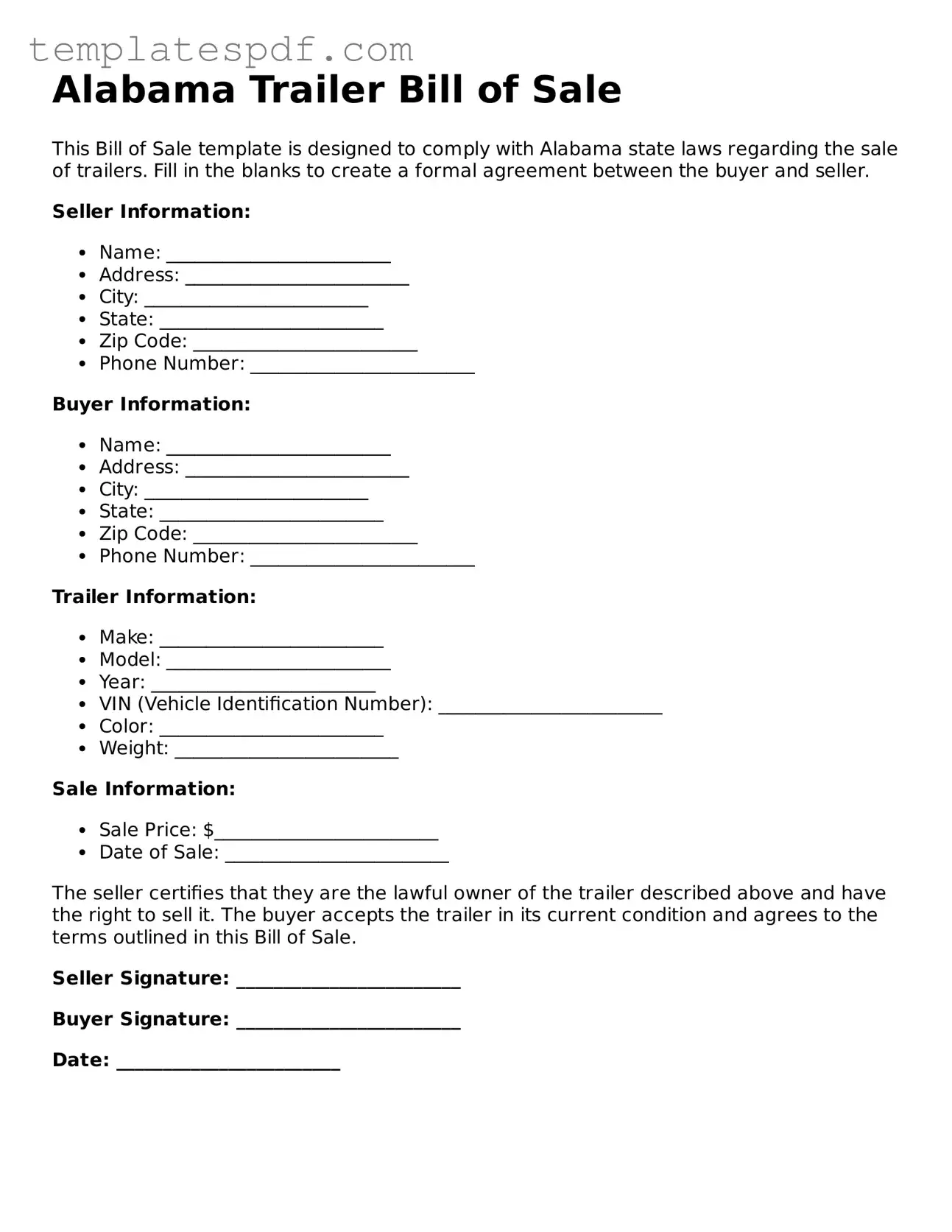 Official  Trailer Bill of Sale Form for Alabama