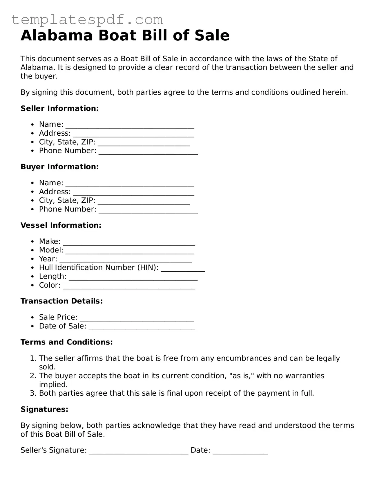 Official  Boat Bill of Sale Form for Alabama