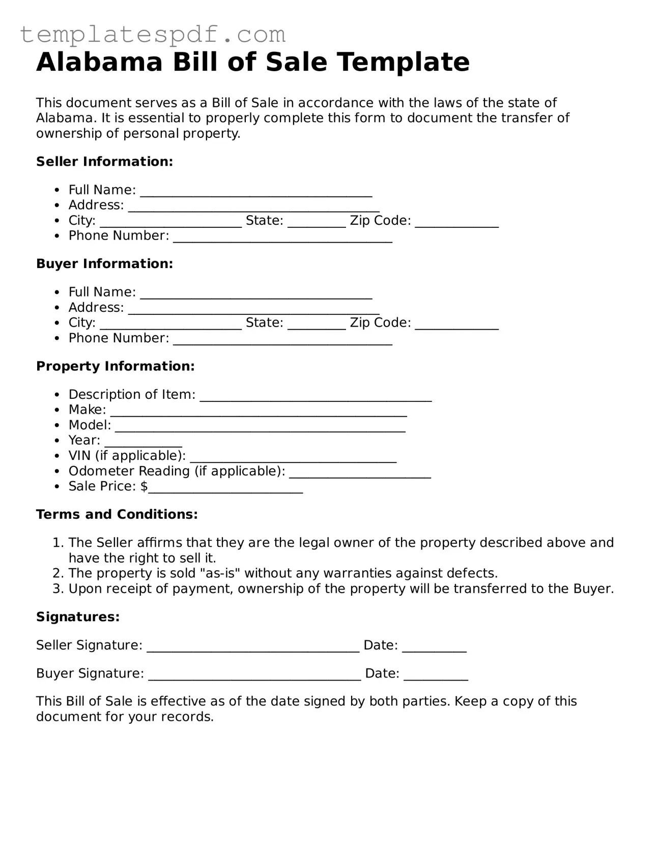 Official  Bill of Sale Form for Alabama