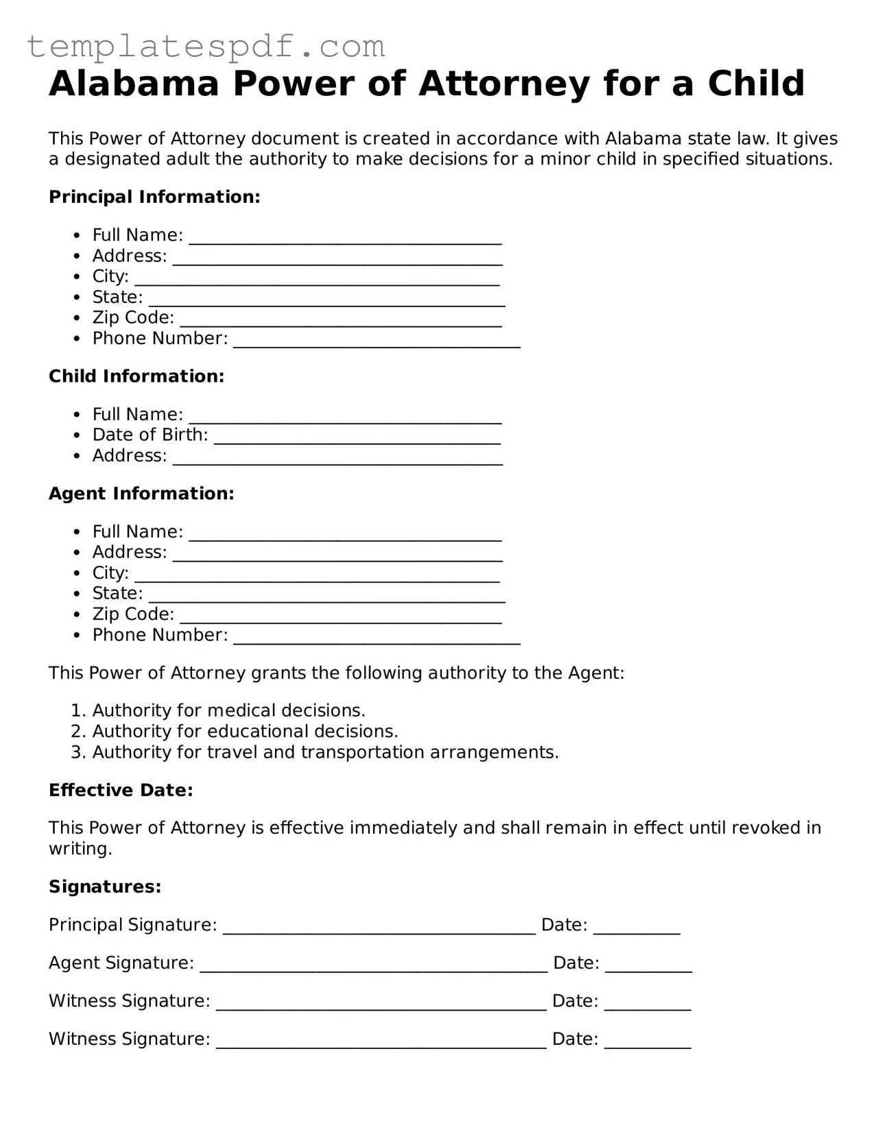 Official  Power of Attorney for a Child Form for Alabama