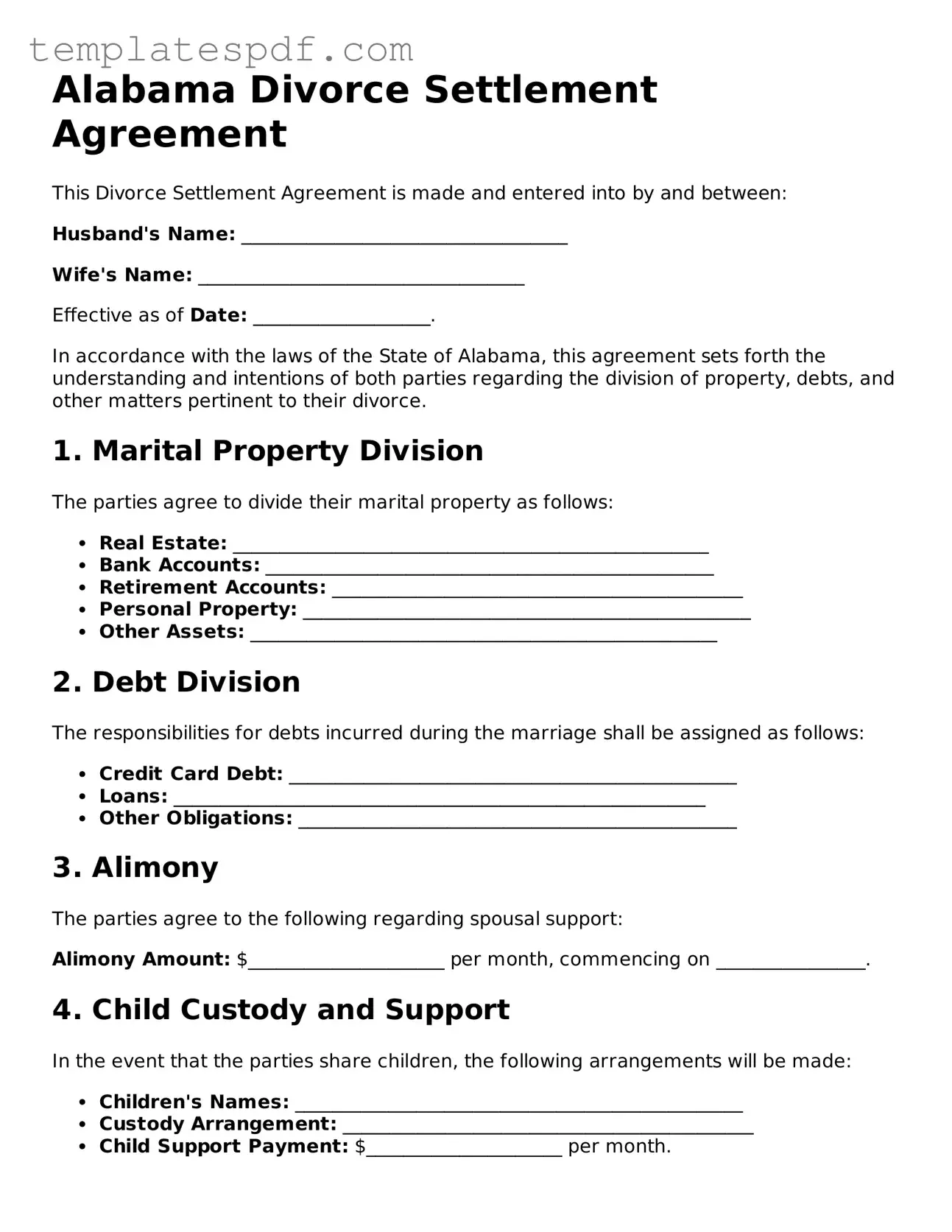Official  Divorce Settlement Agreement Form for Alabama