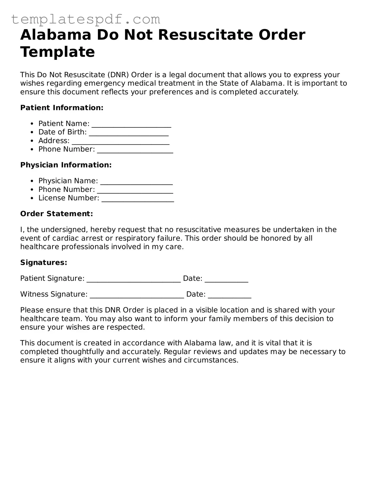 Official  Do Not Resuscitate Order Form for Alabama
