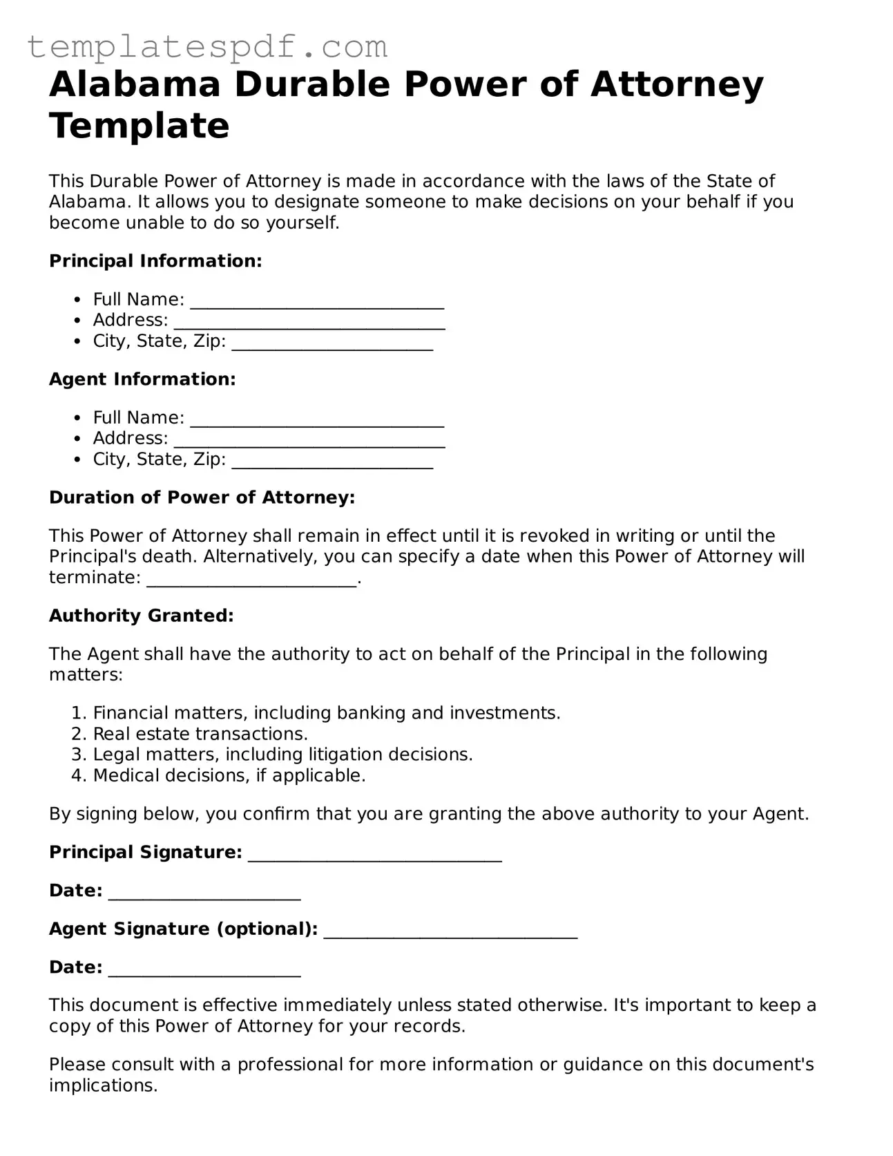 Official  Durable Power of Attorney Form for Alabama