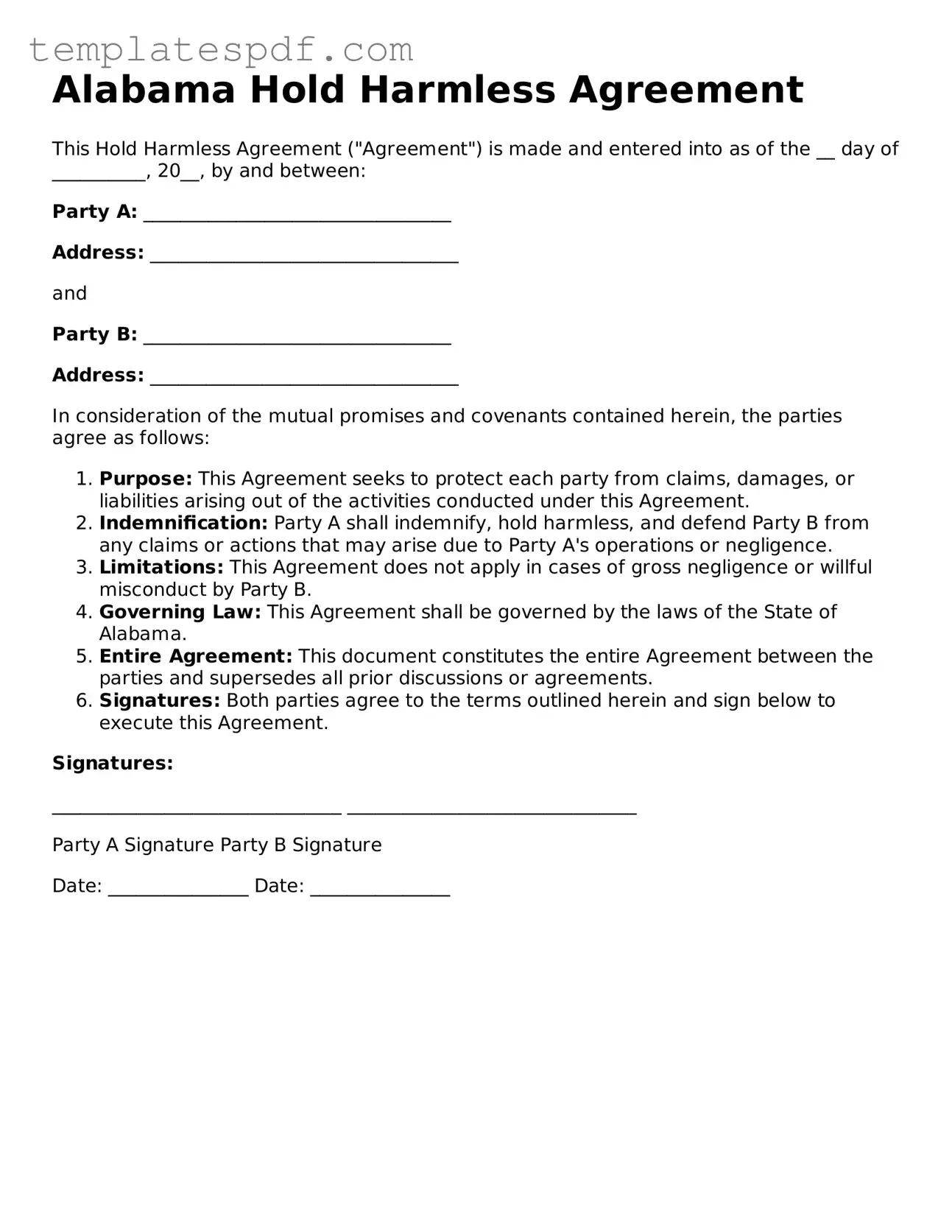 Official  Hold Harmless Agreement Form for Alabama