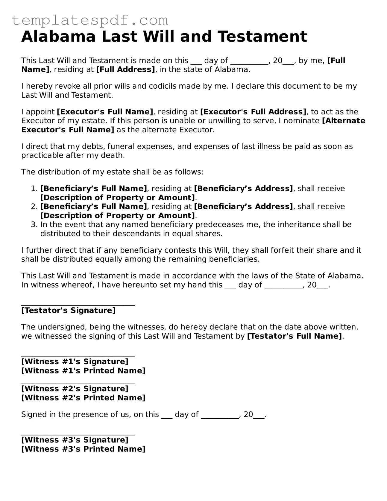 Official  Last Will and Testament Form for Alabama