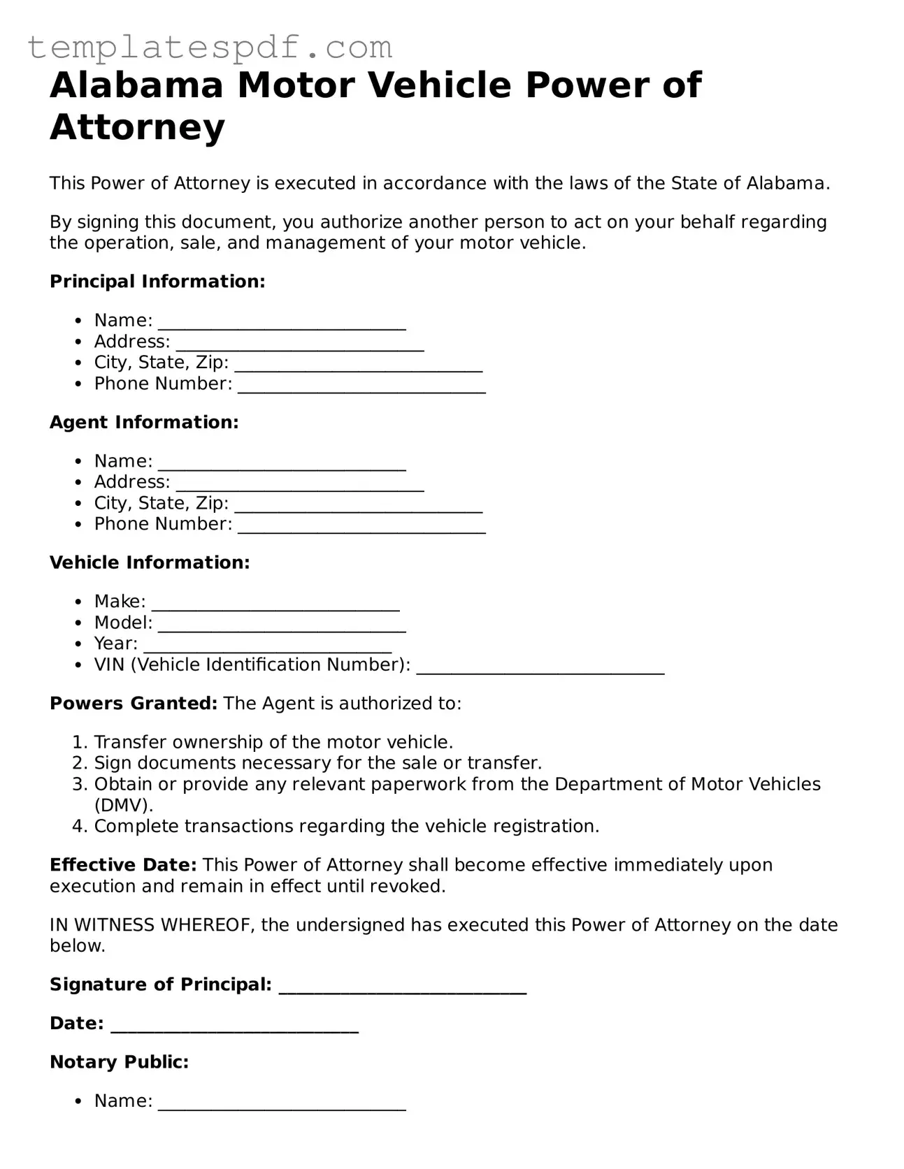 Official  Motor Vehicle Power of Attorney Form for Alabama
