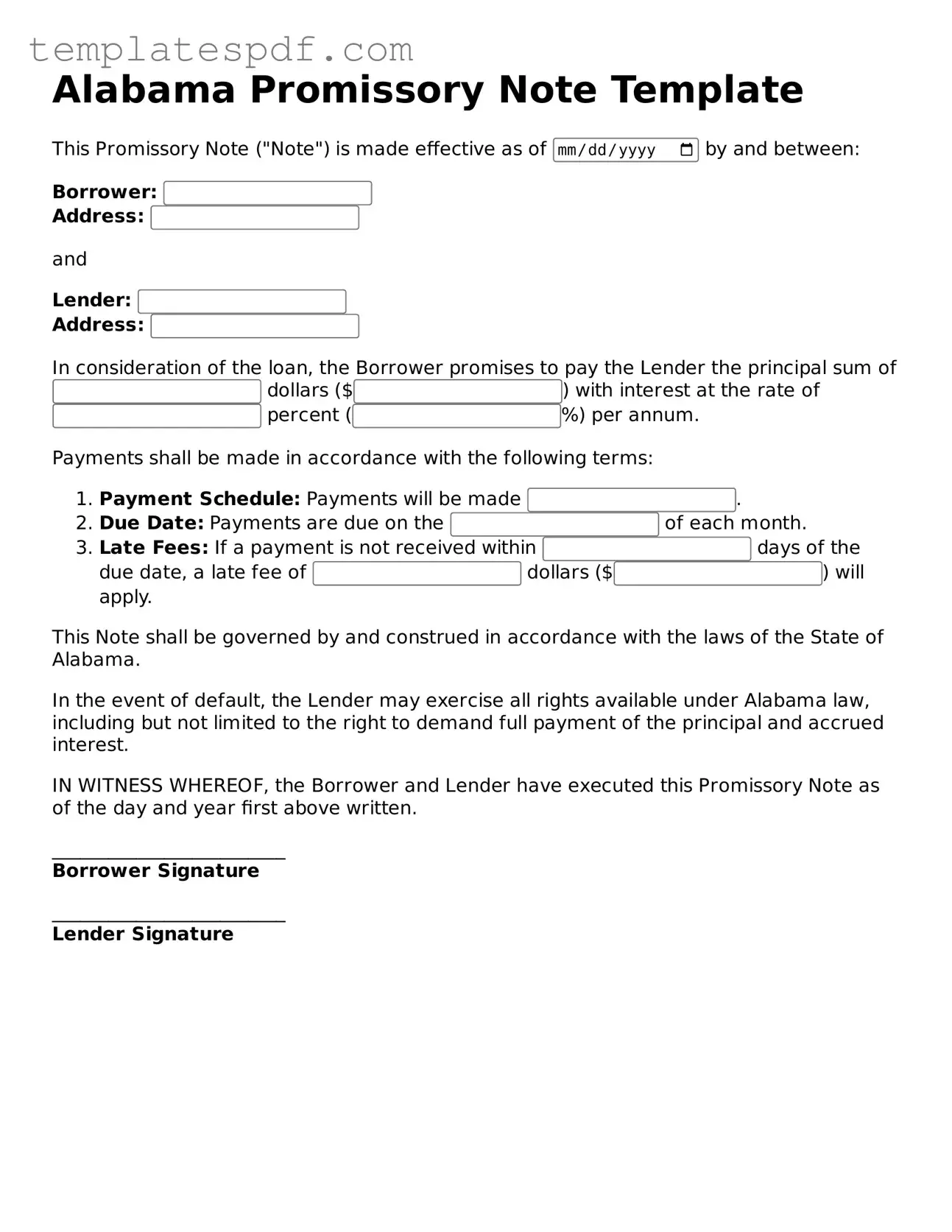 Official  Promissory Note Form for Alabama