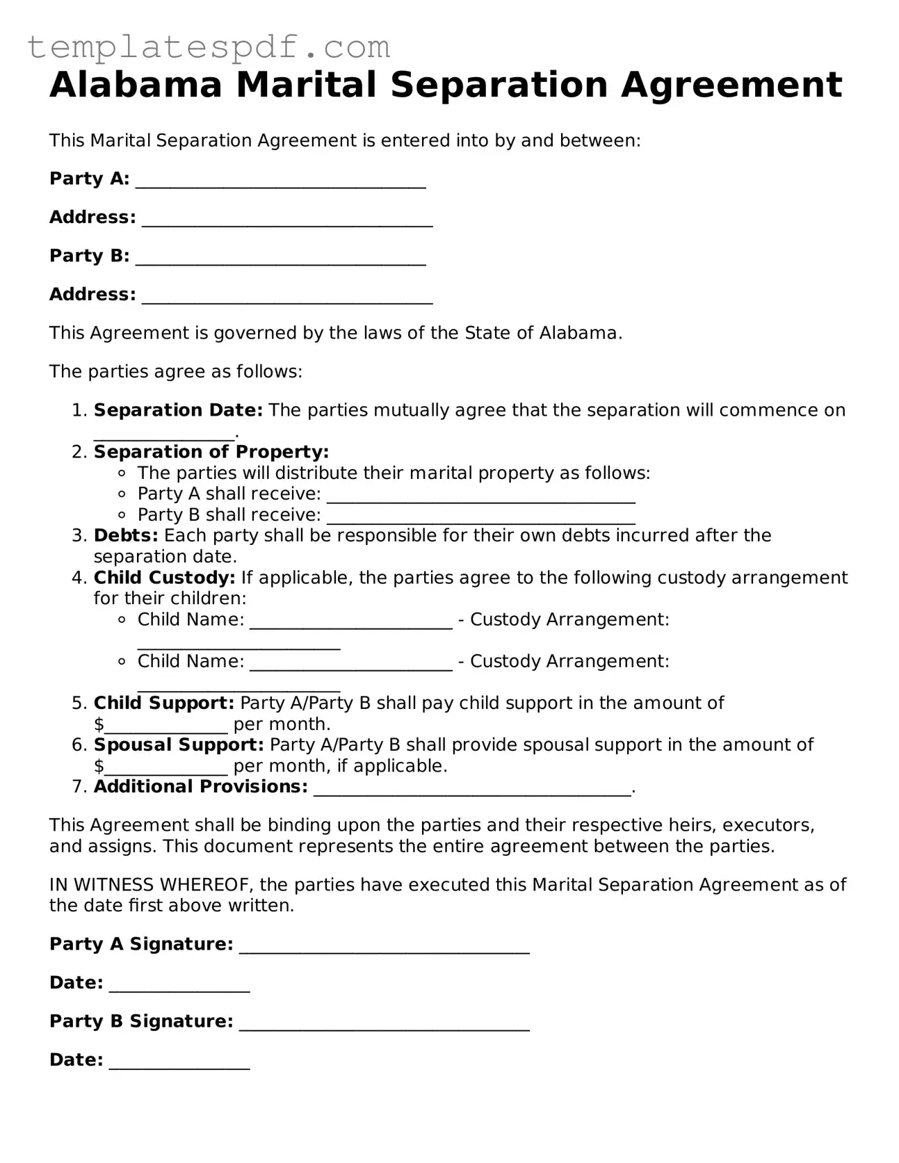 Official  Marital Separation Agreement Form for Alabama