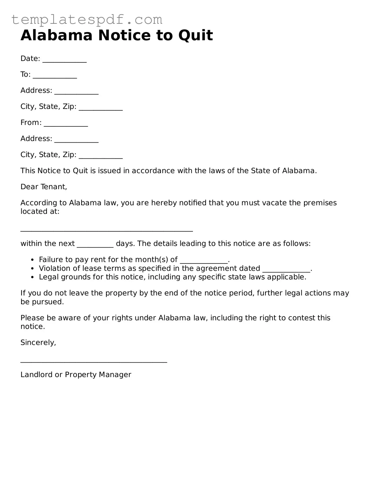 Official  Notice to Quit Form for Alabama