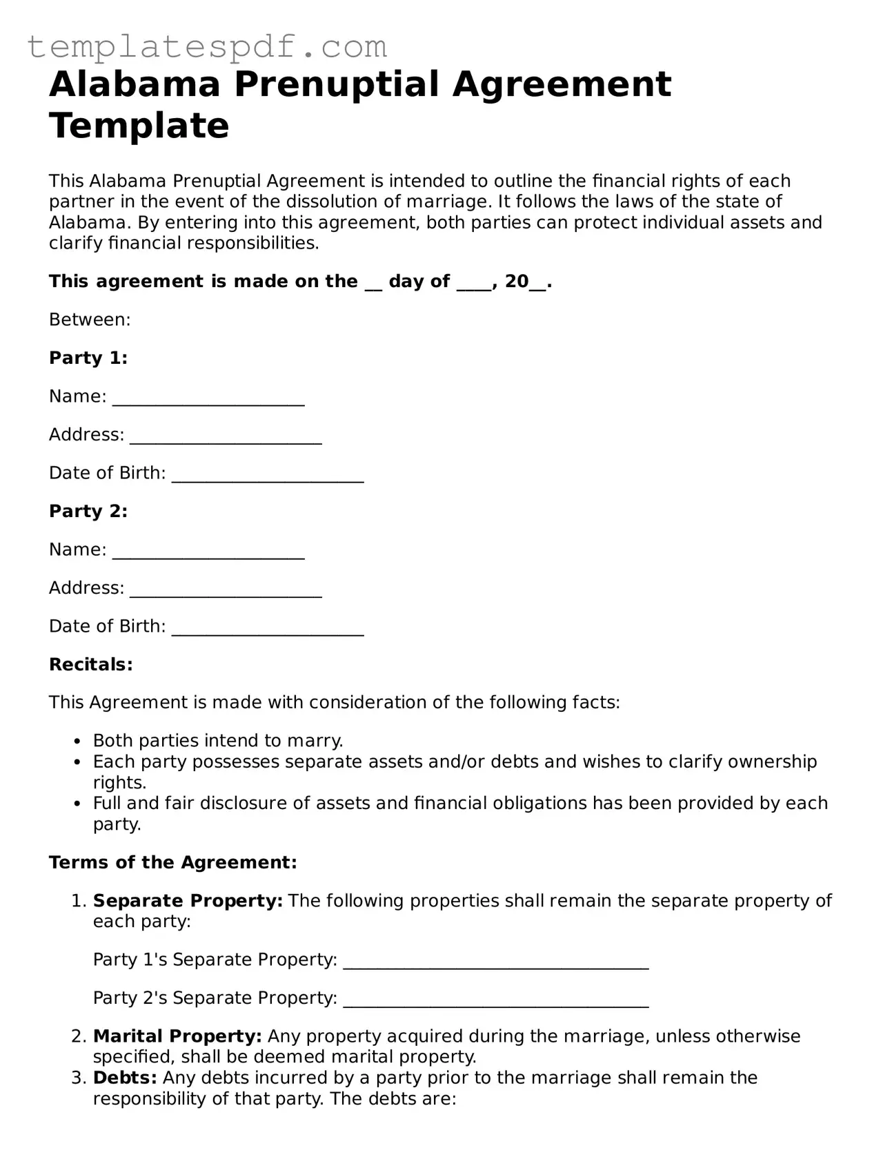 Official  Prenuptial Agreement Form for Alabama