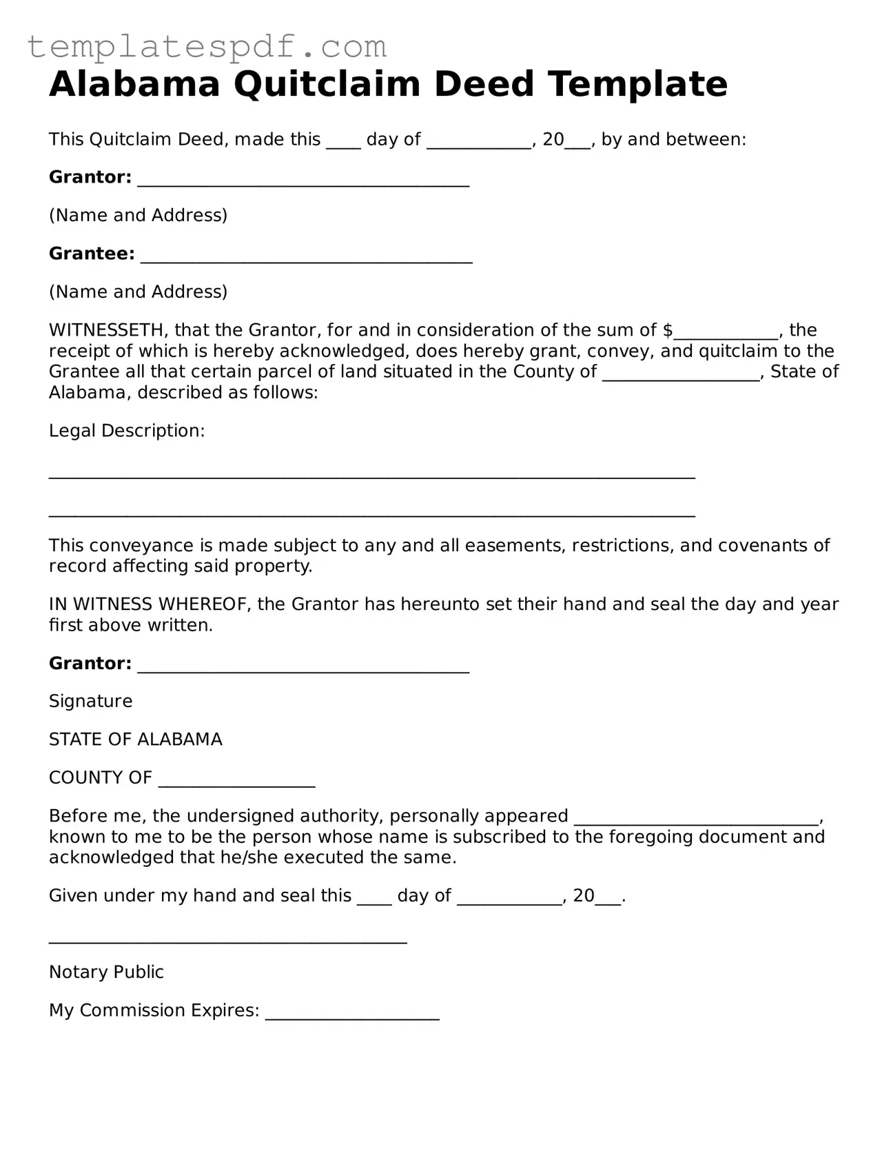 Official  Quitclaim Deed Form for Alabama