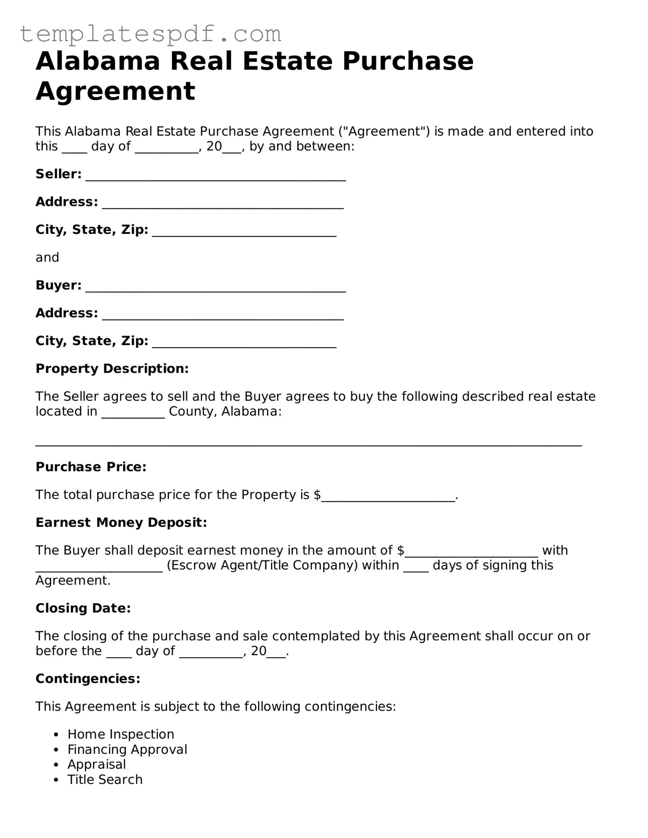 Official  Real Estate Purchase Agreement Form for Alabama