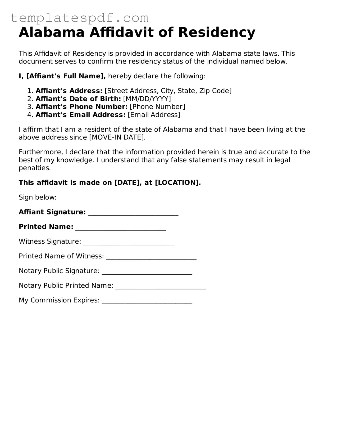 Official  Affidavit of Residency Form for Alabama