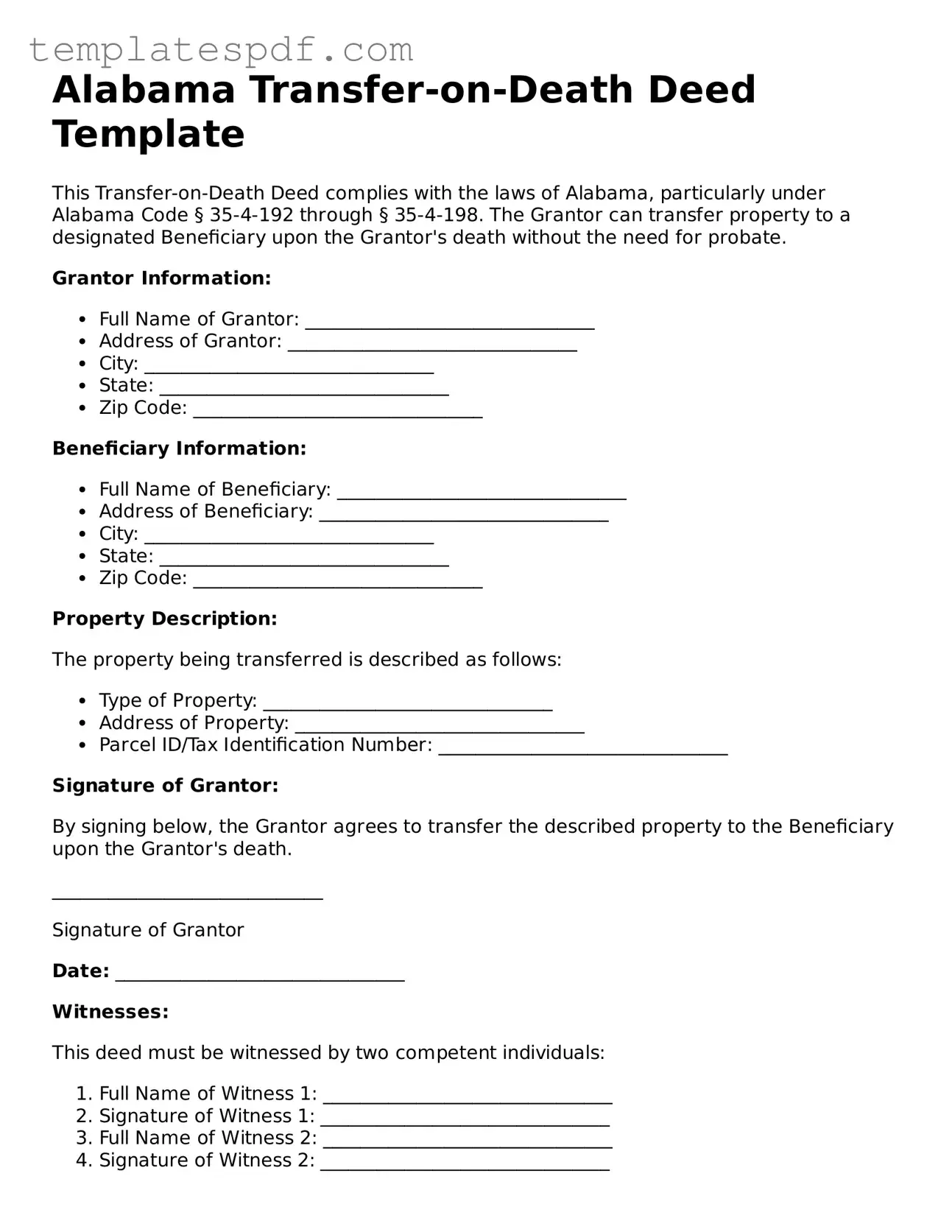 Official  Transfer-on-Death Deed Form for Alabama