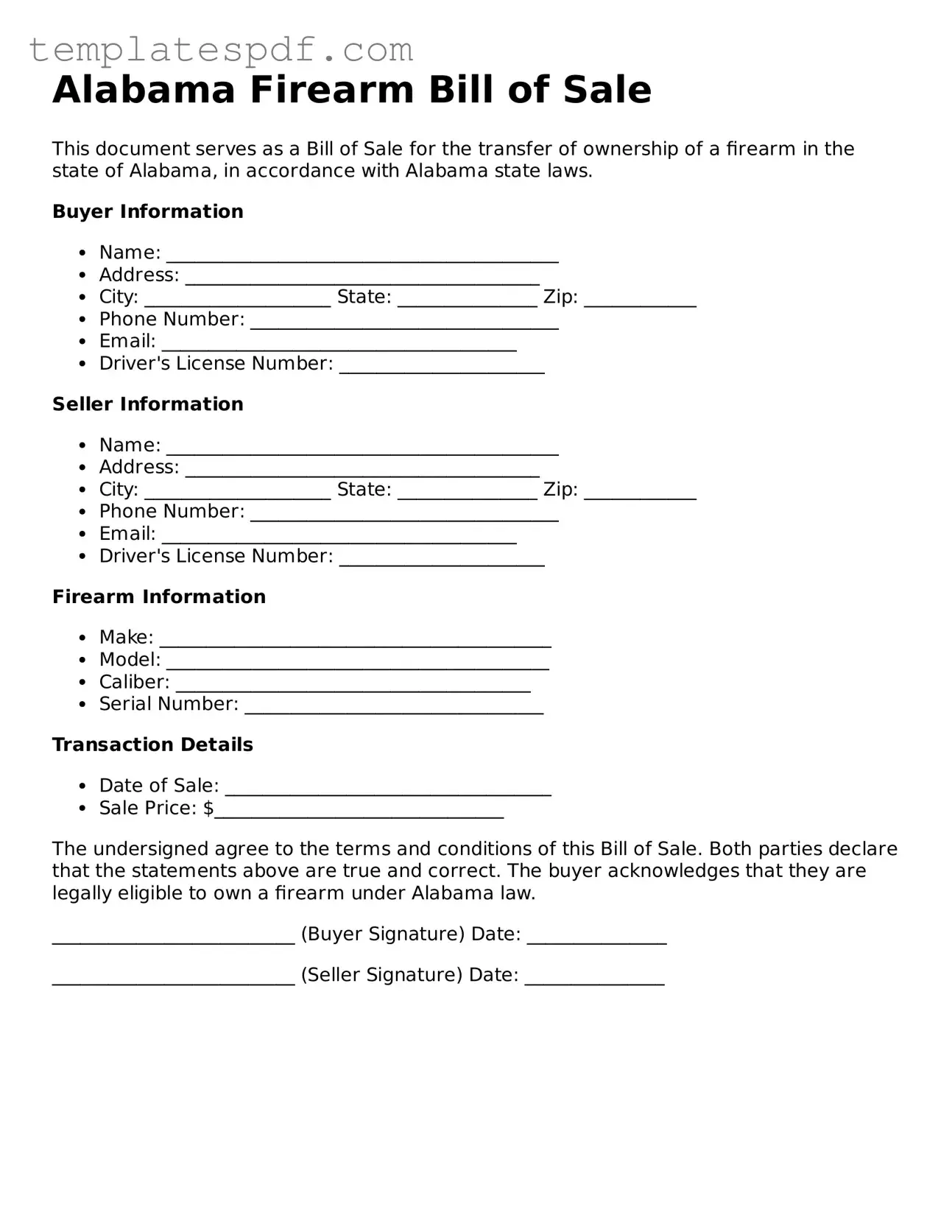 Official  Firearm Bill of Sale Form for Alabama