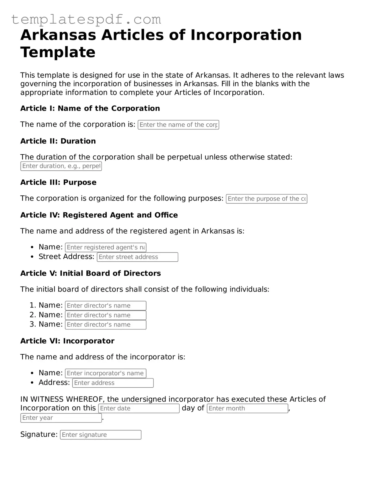 Official  Articles of Incorporation Form for Arkansas