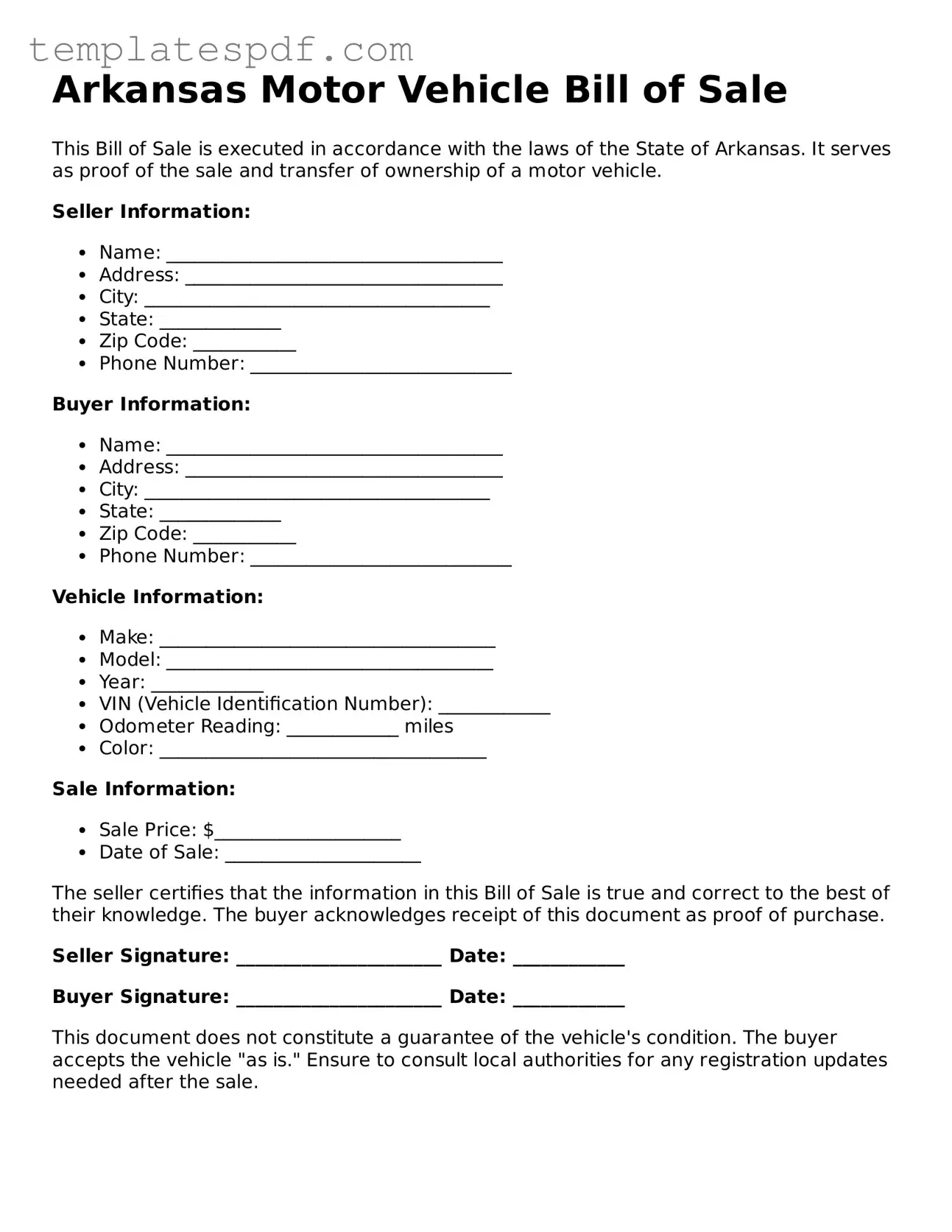 Official  Motor Vehicle Bill of Sale Form for Arkansas