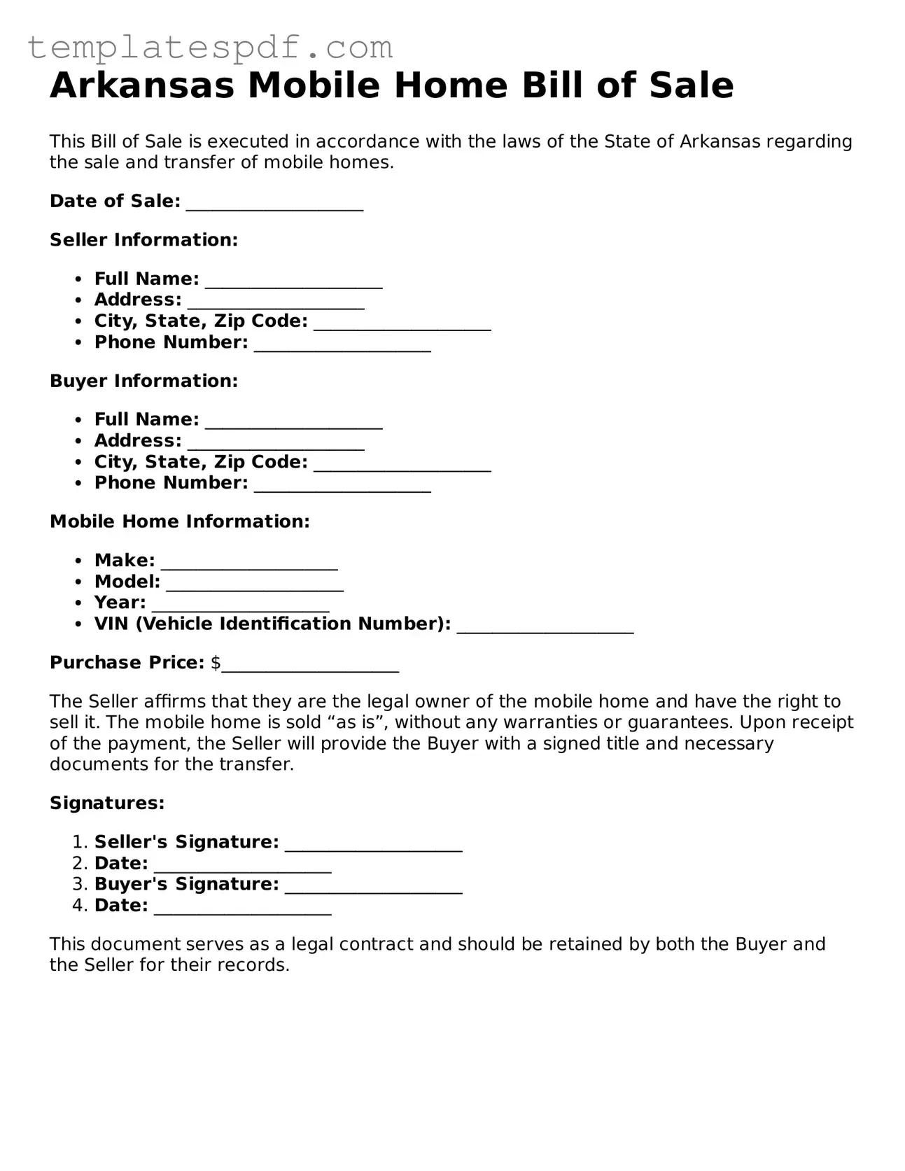 Official  Mobile Home Bill of Sale Form for Arkansas