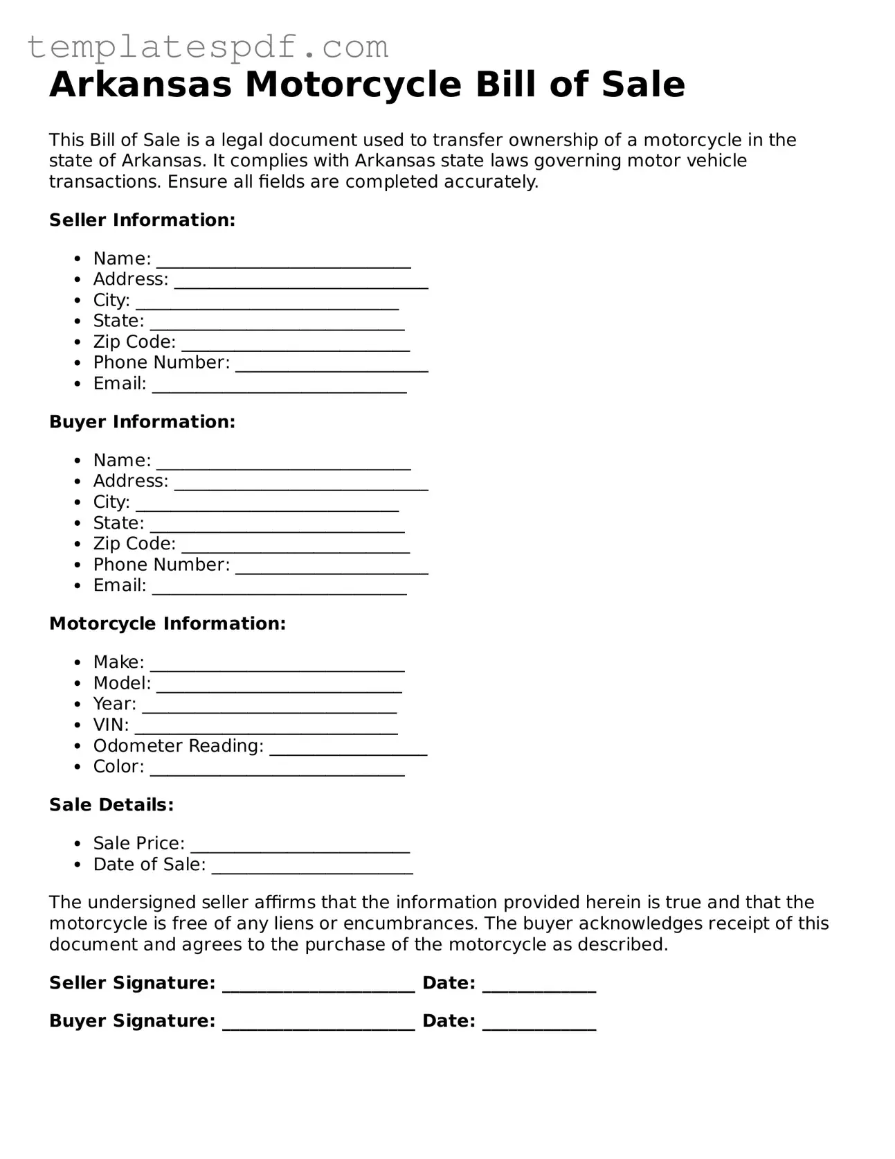 Official  Motorcycle Bill of Sale Form for Arkansas