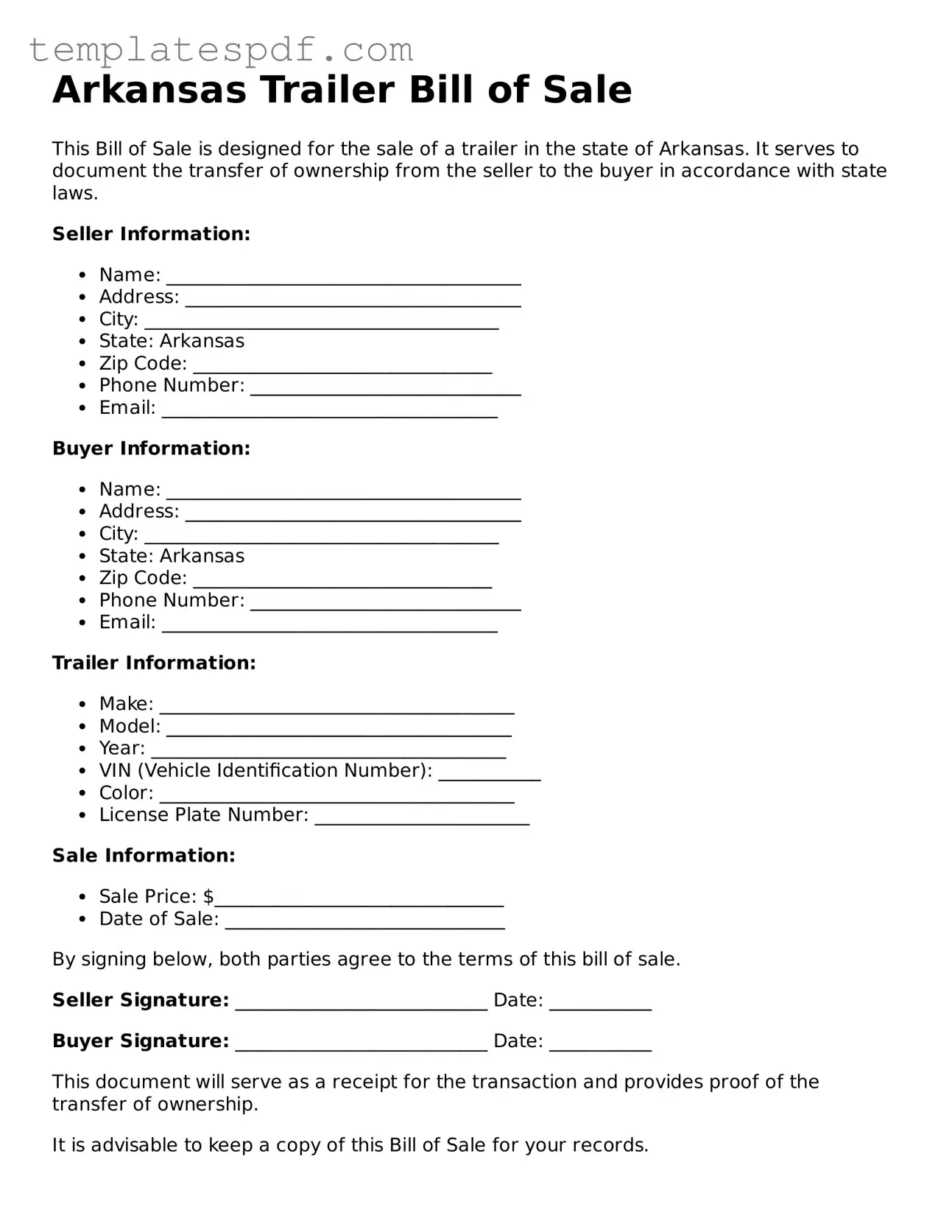 Official  Trailer Bill of Sale Form for Arkansas
