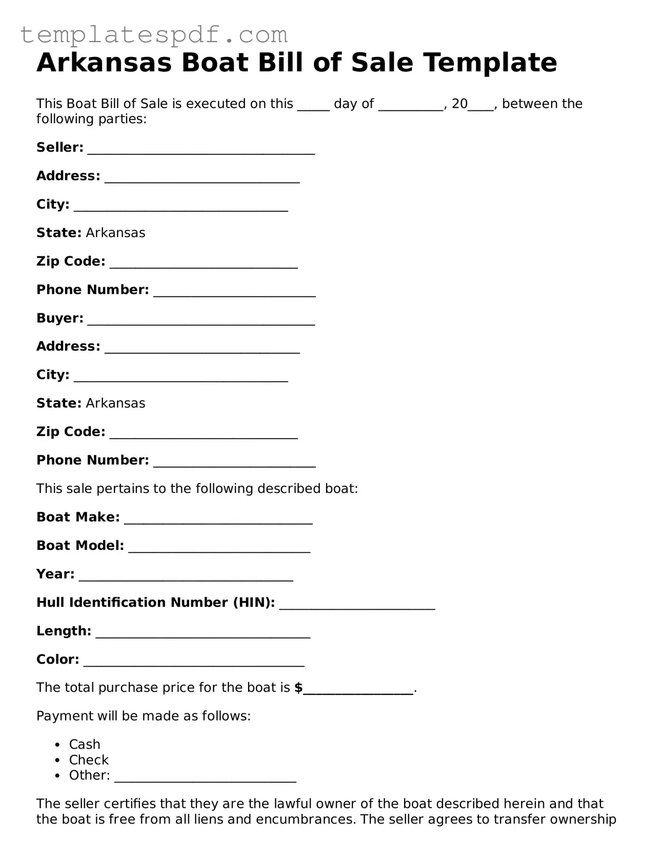 Official  Boat Bill of Sale Form for Arkansas