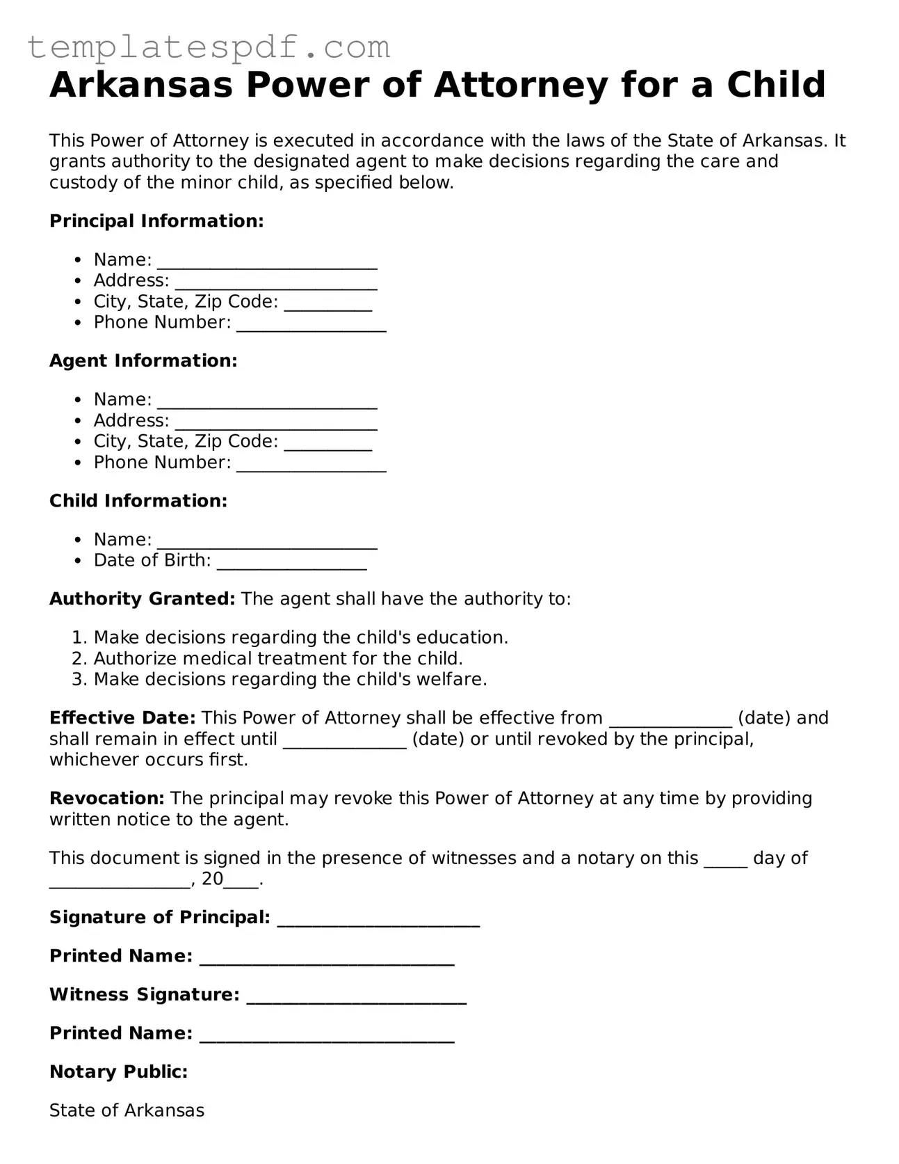Official  Power of Attorney for a Child Form for Arkansas