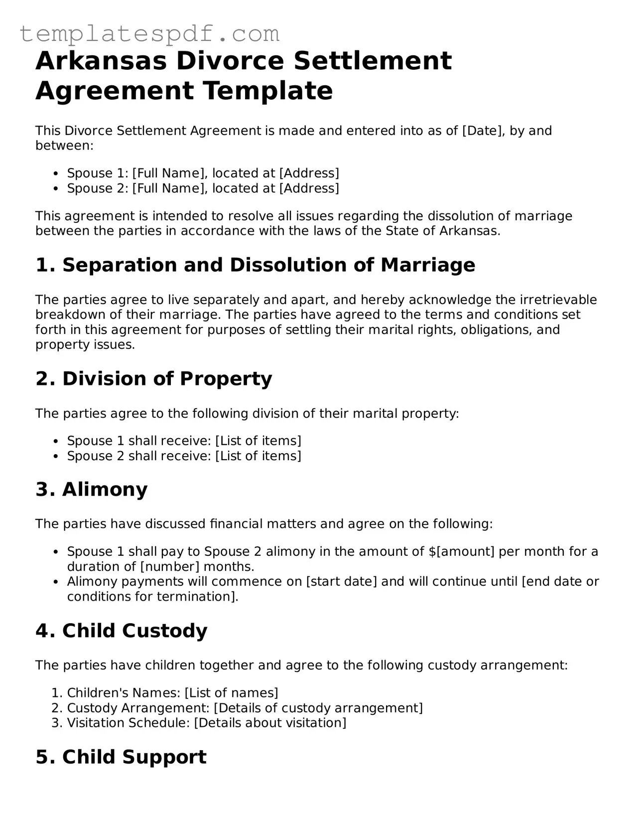 Official  Divorce Settlement Agreement Form for Arkansas
