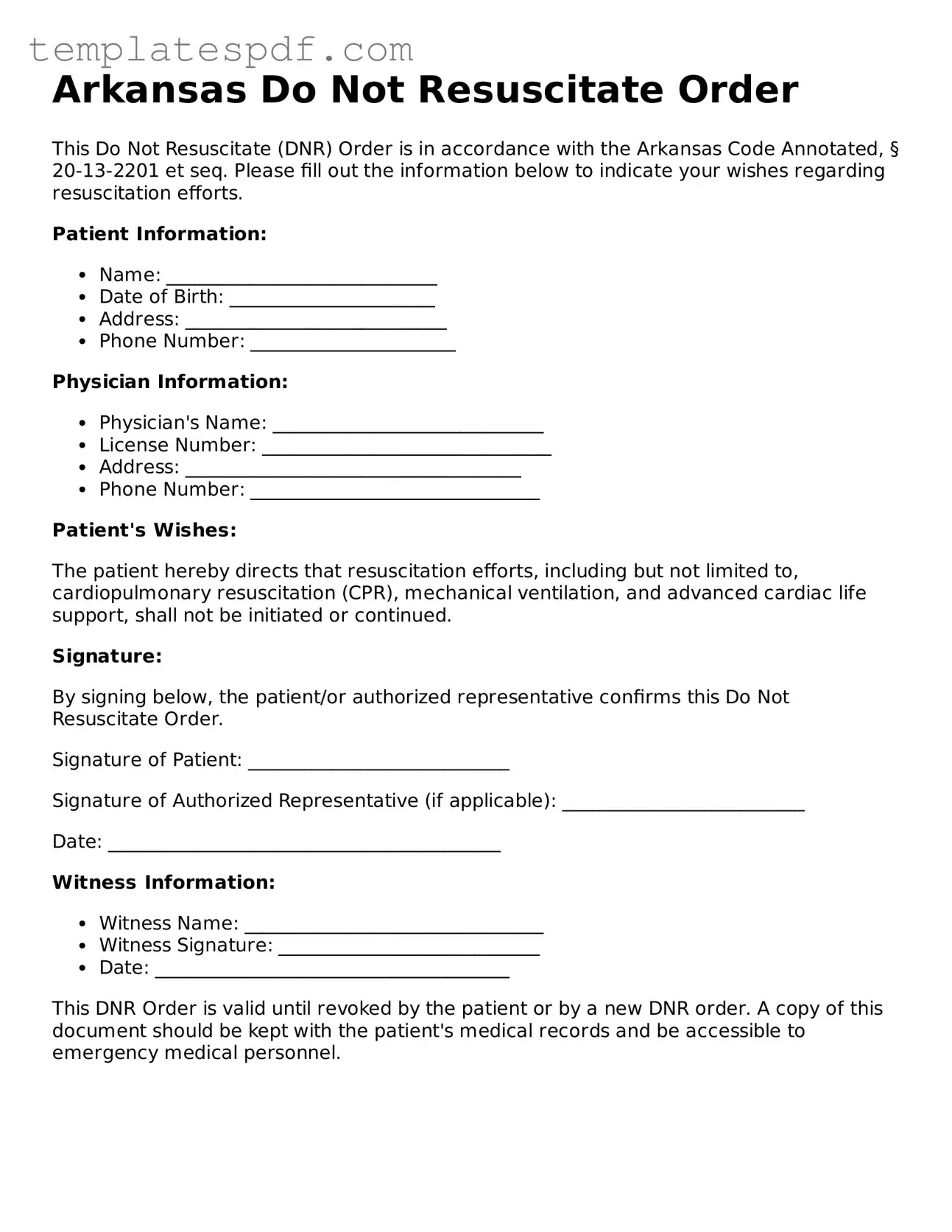 Official  Do Not Resuscitate Order Form for Arkansas