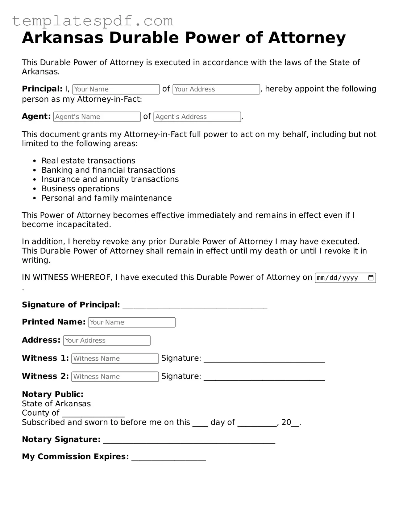 Official  Durable Power of Attorney Form for Arkansas