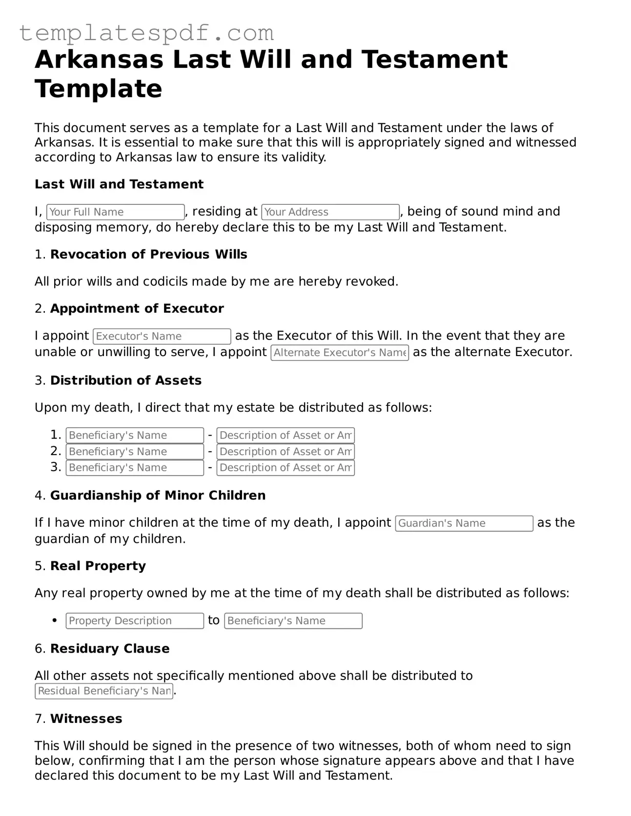 Official  Last Will and Testament Form for Arkansas
