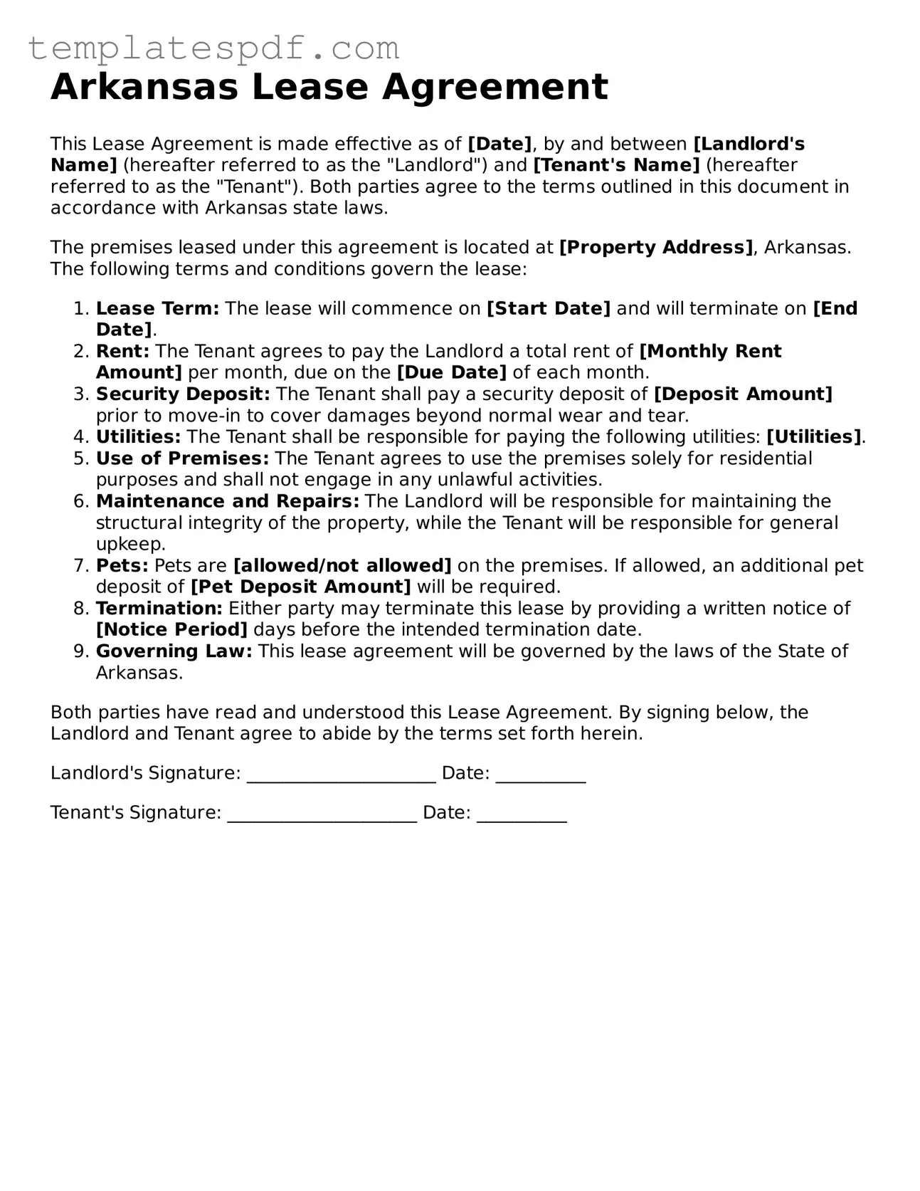 Official  Lease Agreement Form for Arkansas