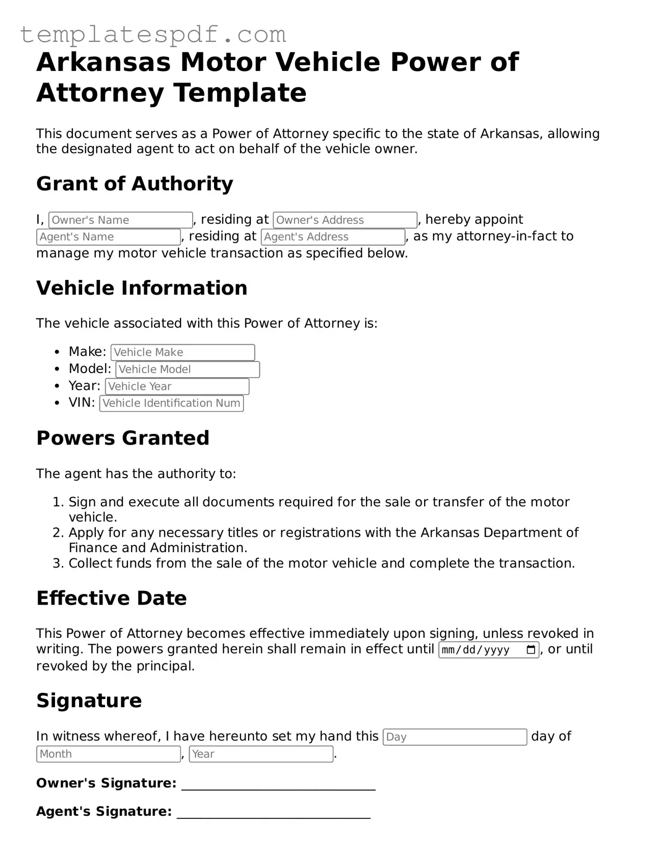 Official  Motor Vehicle Power of Attorney Form for Arkansas