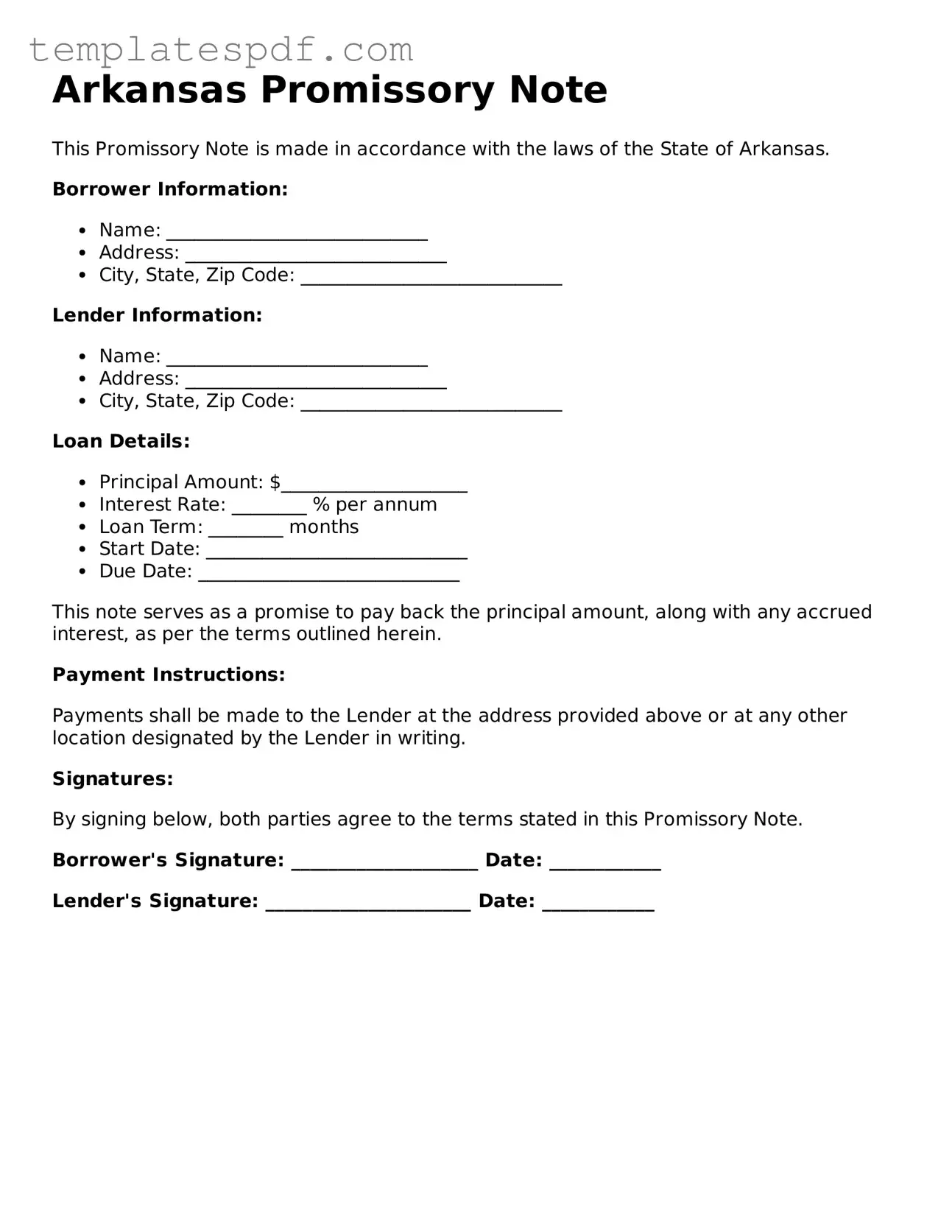 Official  Promissory Note Form for Arkansas