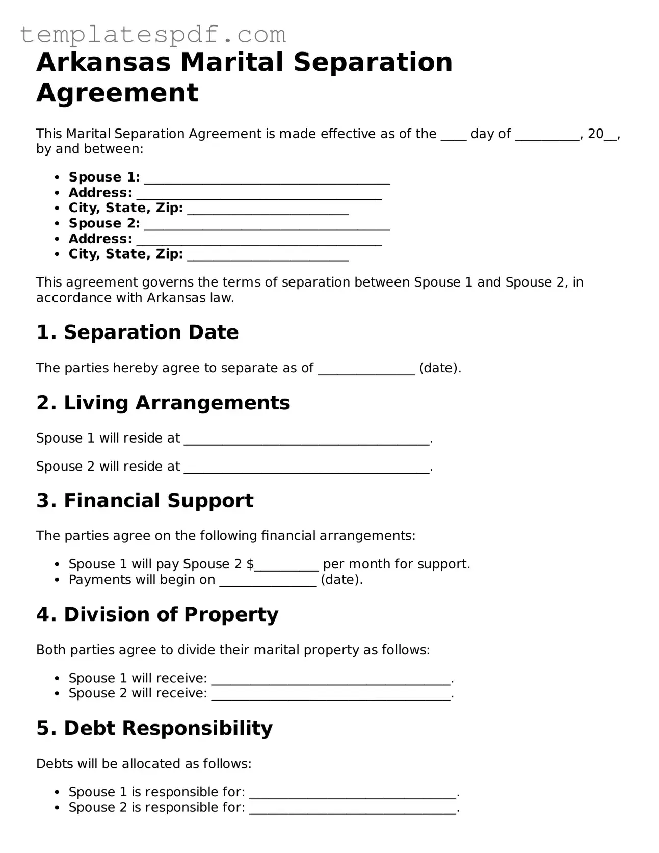 Official  Marital Separation Agreement Form for Arkansas