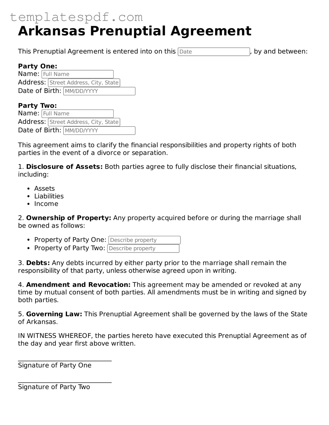 Official  Prenuptial Agreement Form for Arkansas