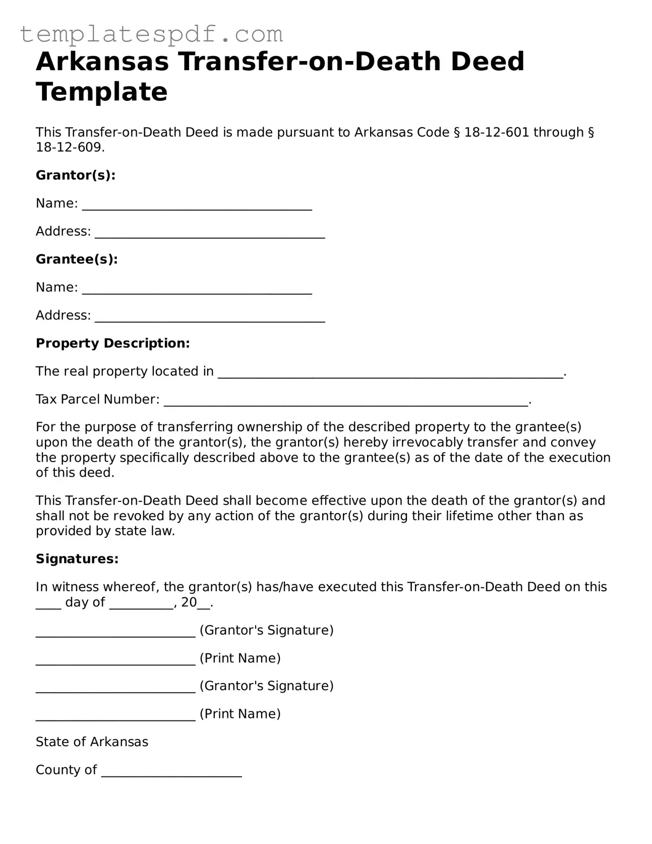 Official  Transfer-on-Death Deed Form for Arkansas