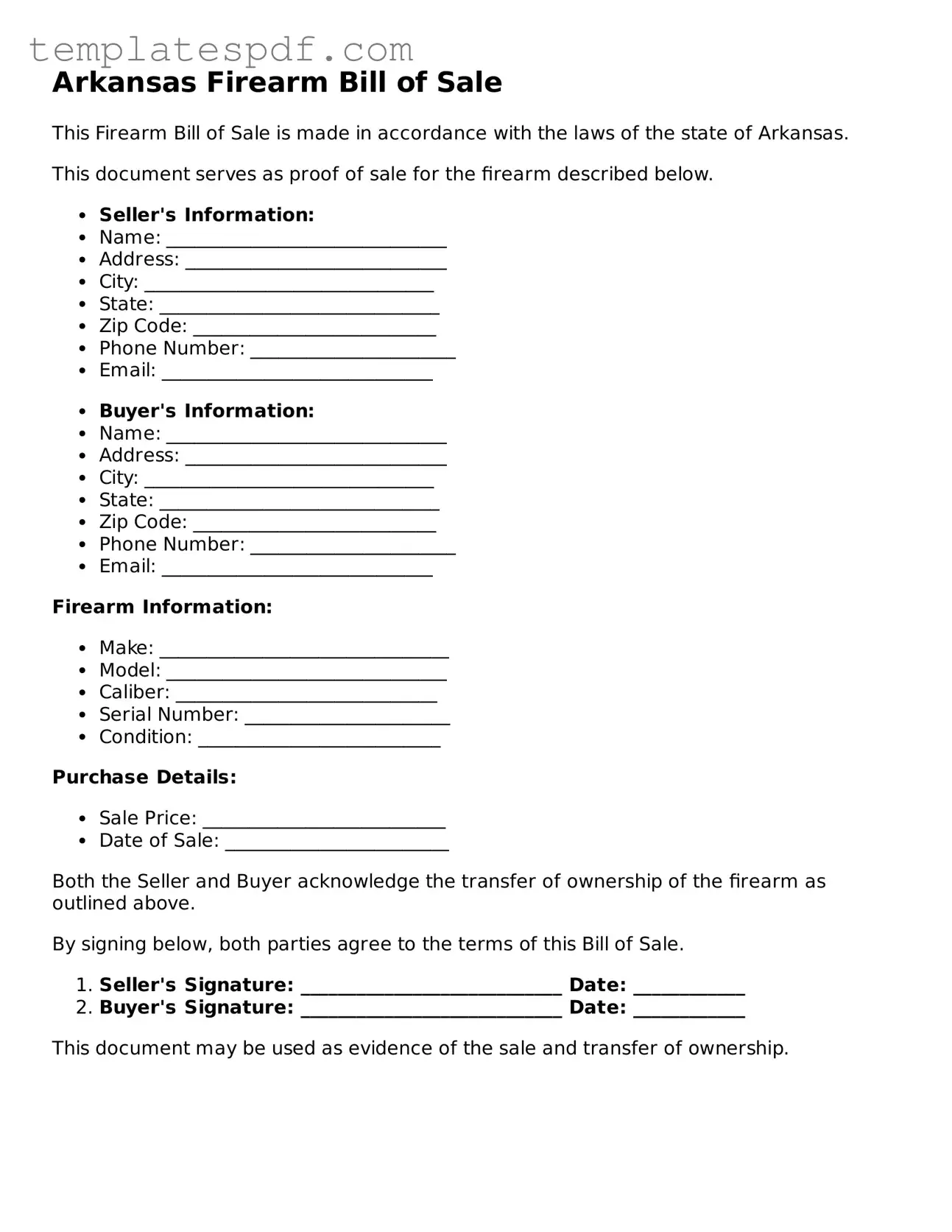 Official  Firearm Bill of Sale Form for Arkansas