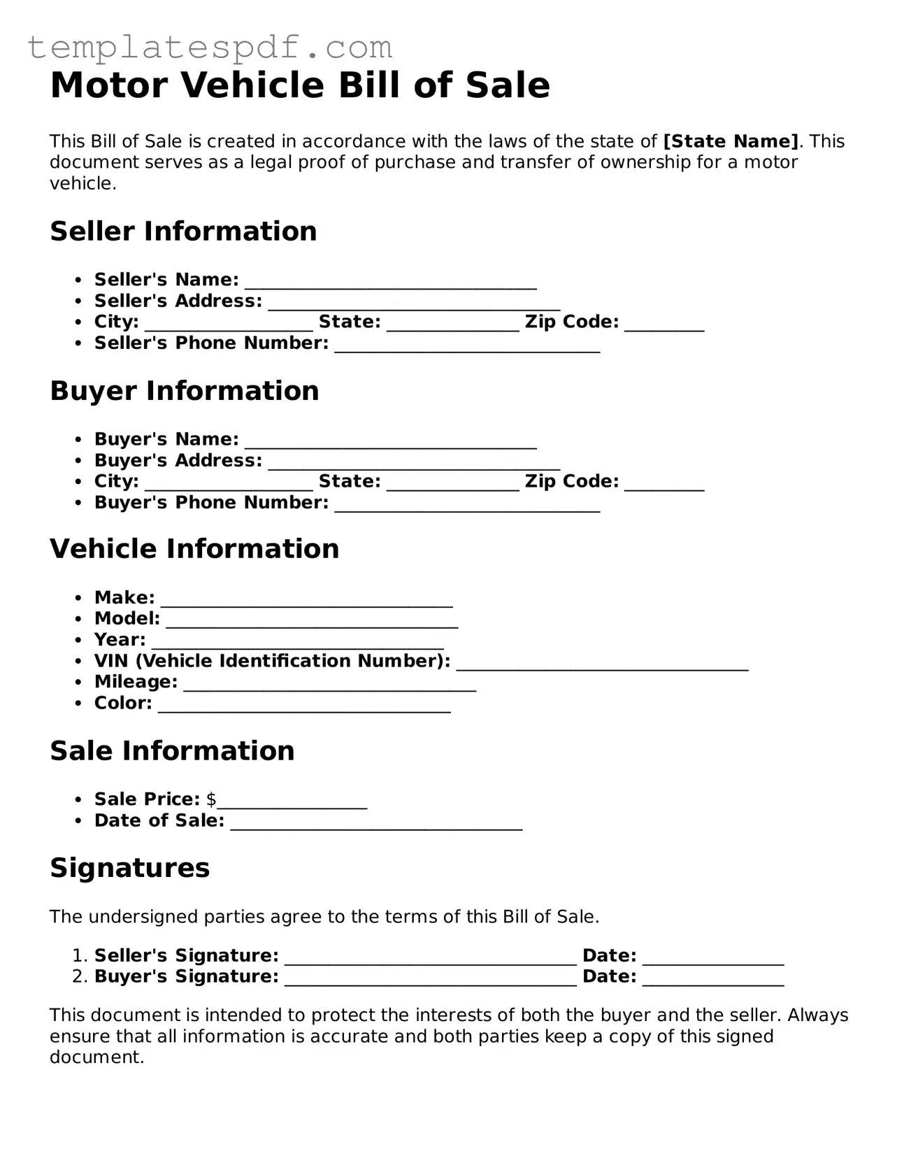 Printable Motor Vehicle Bill of Sale Form