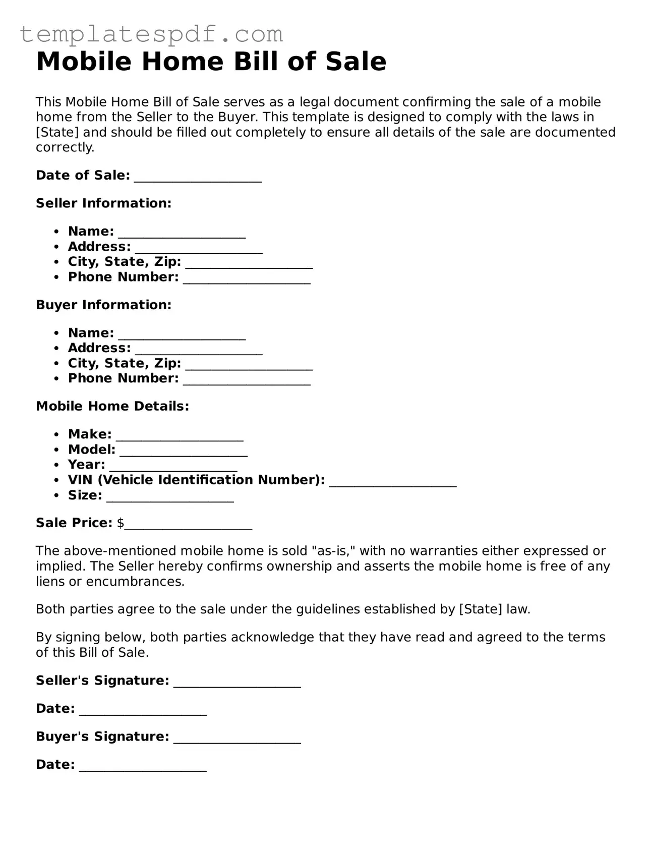 Printable Mobile Home Bill of Sale Form