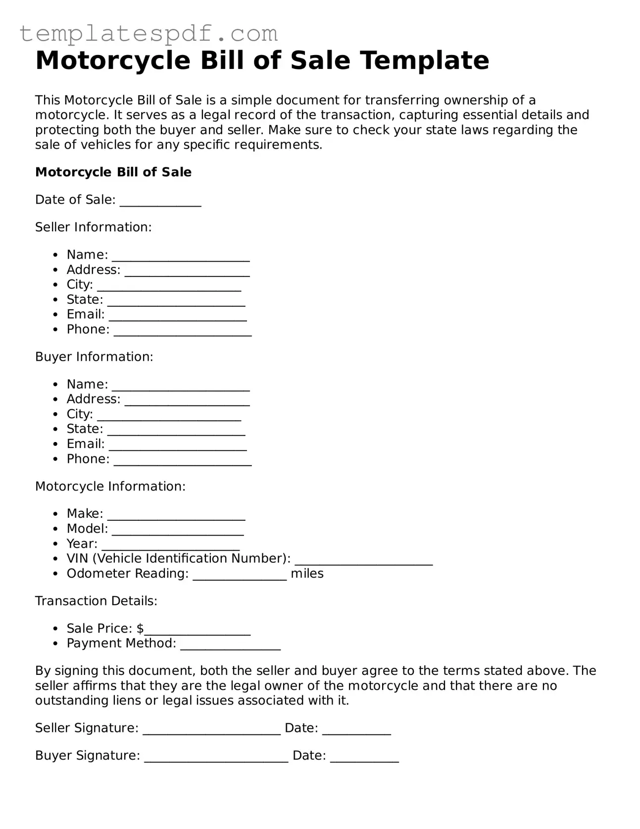 Printable Motorcycle Bill of Sale Form