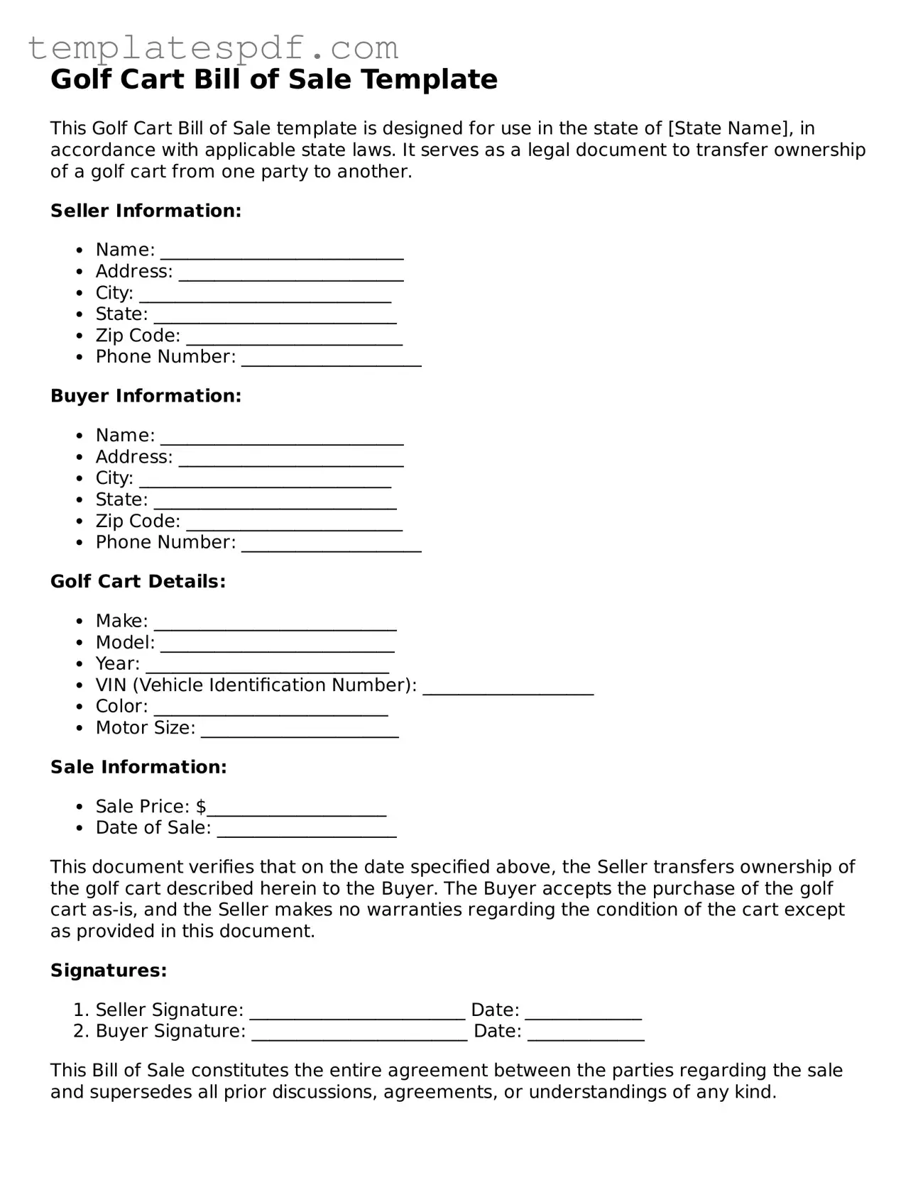 Printable Golf Cart Bill of Sale Form