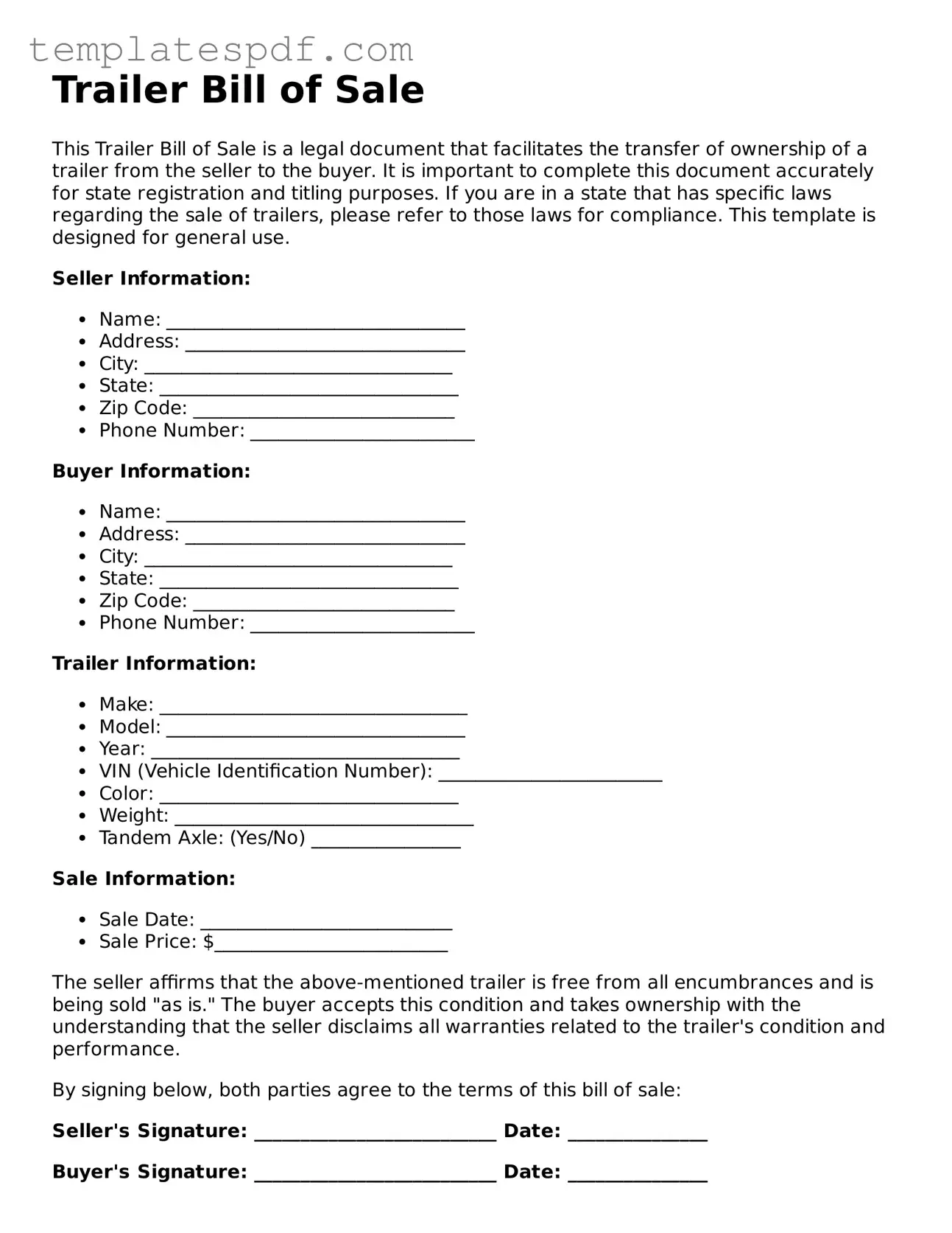 Printable Trailer Bill of Sale Form