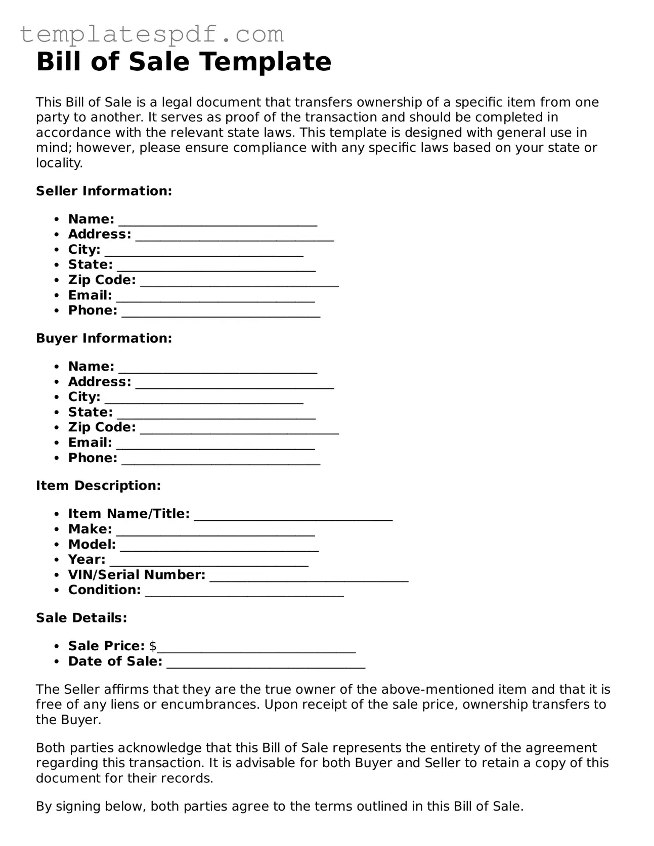 Printable Bill of Sale Form