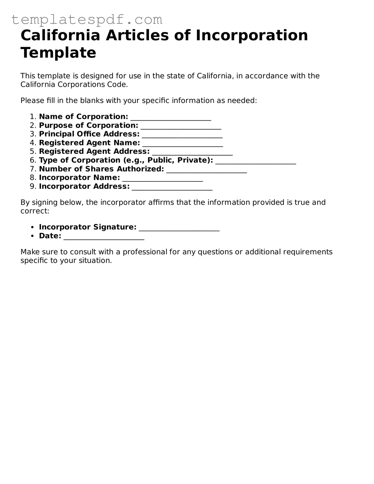 Official  Articles of Incorporation Form for California