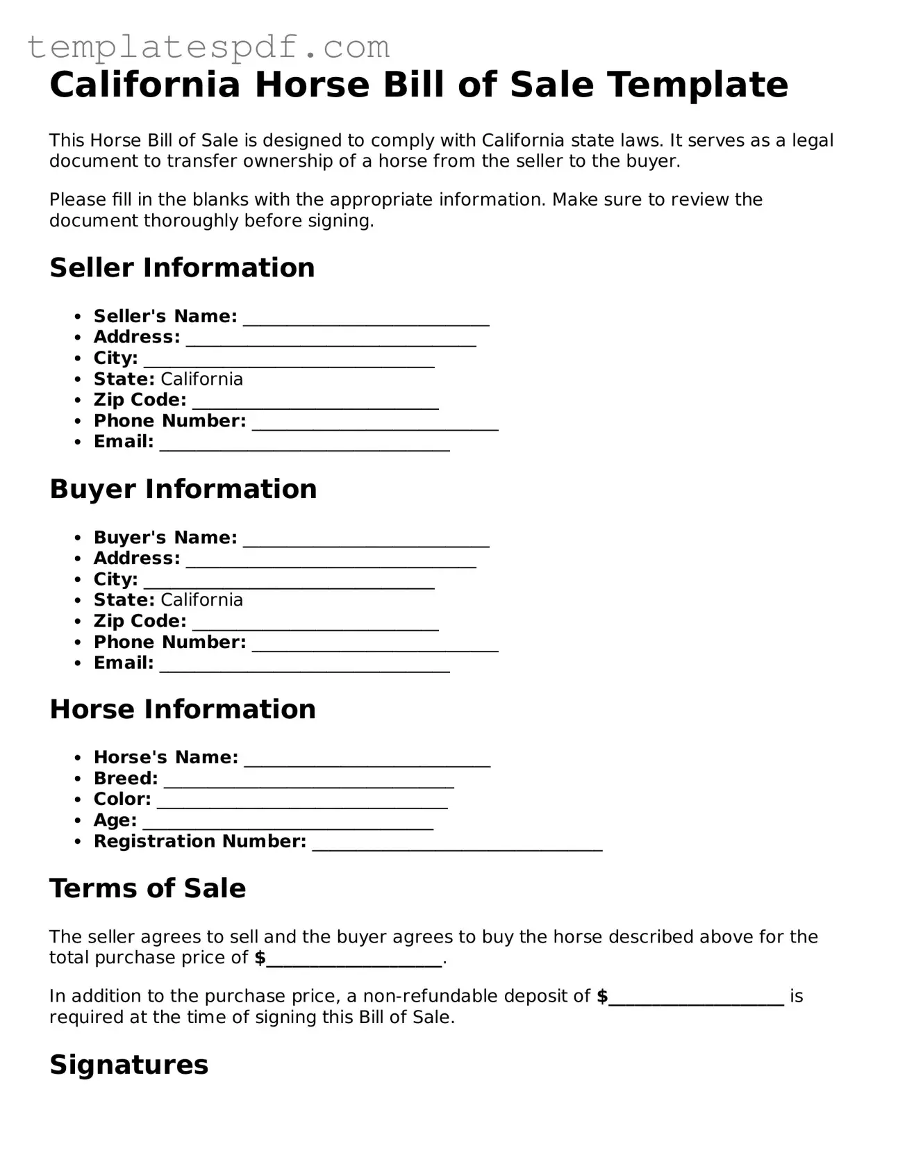 Official  Horse Bill of Sale Form for California