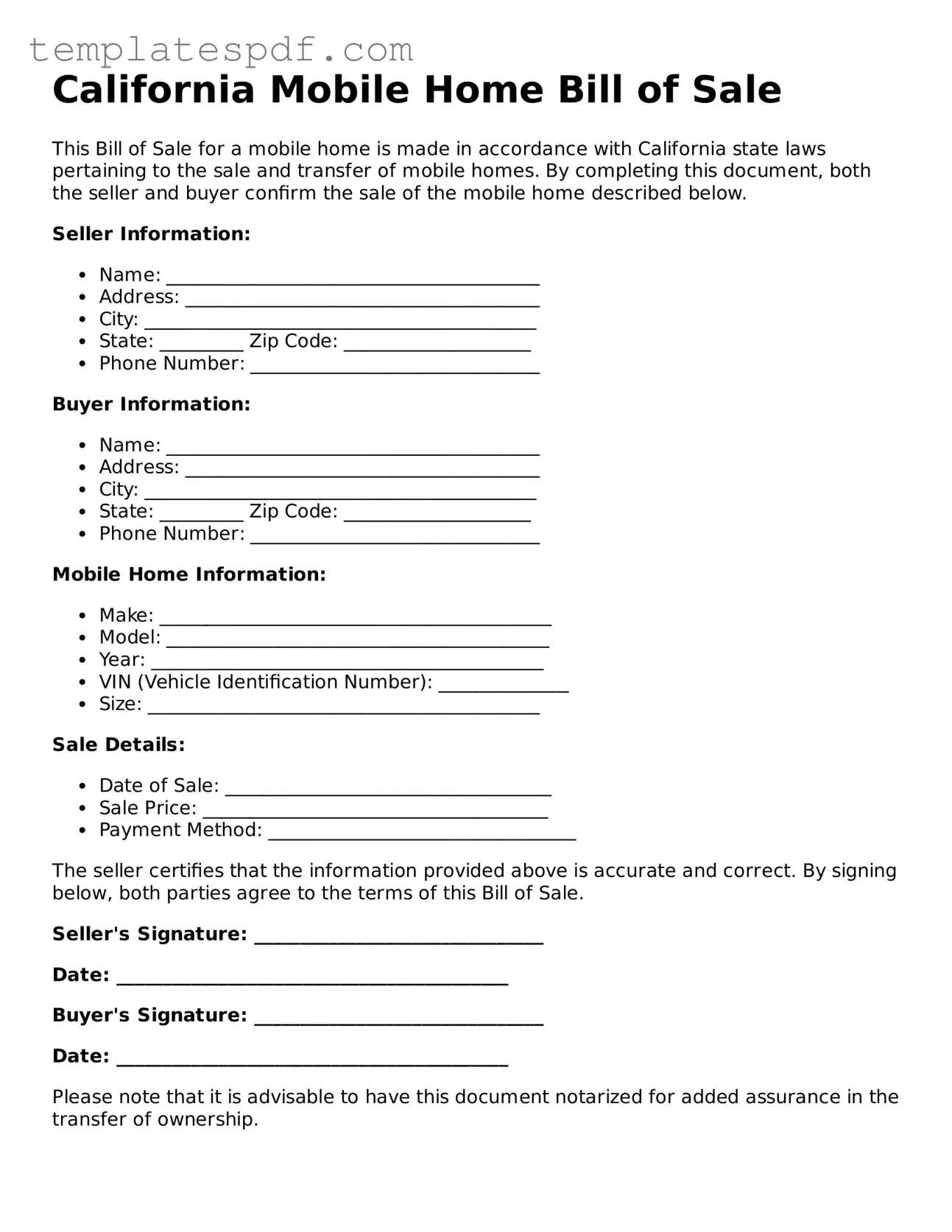 Official  Mobile Home Bill of Sale Form for California